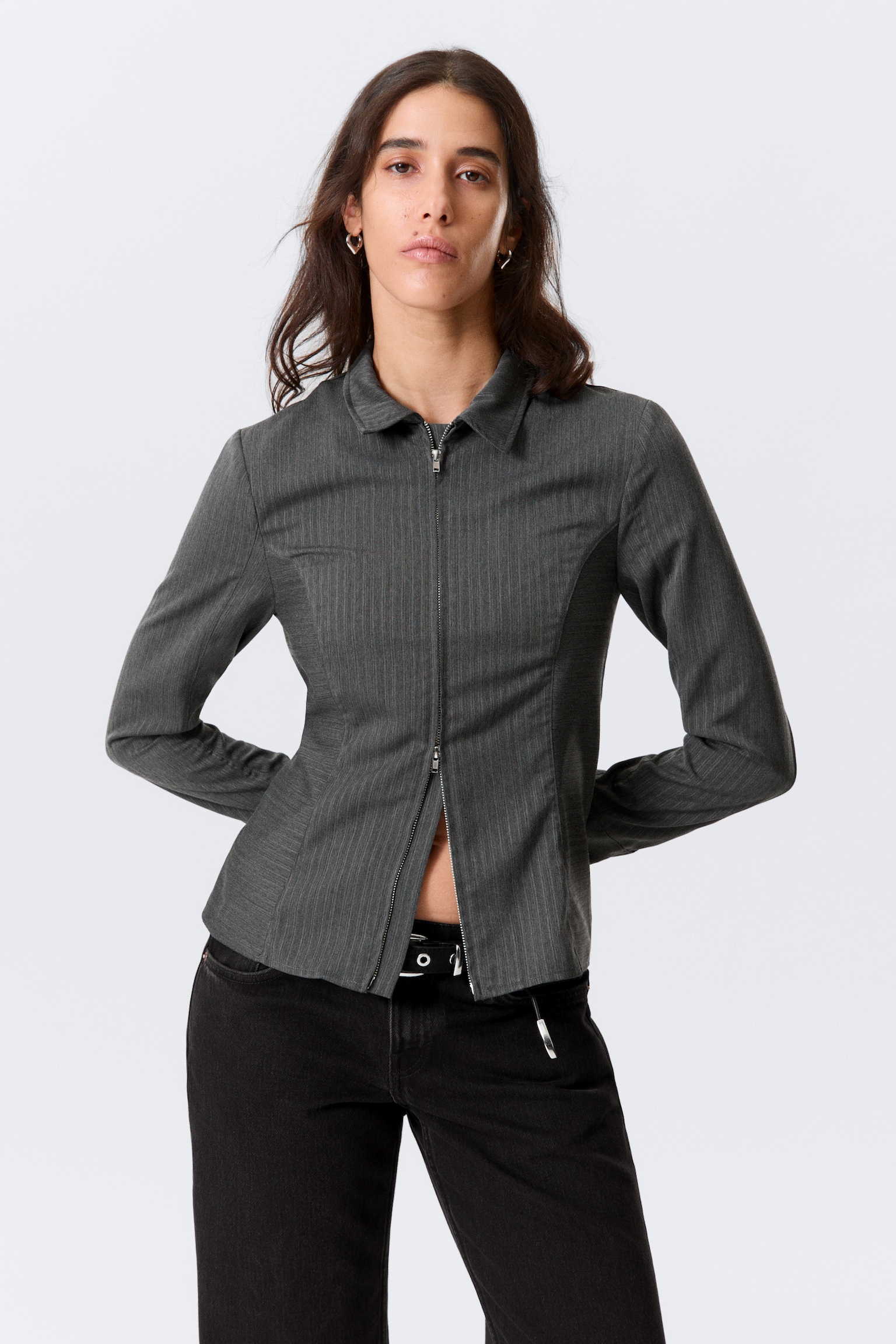Long-Sleeved Fitted Zip Shirt - Striped Dark Grey Melange/White - 1