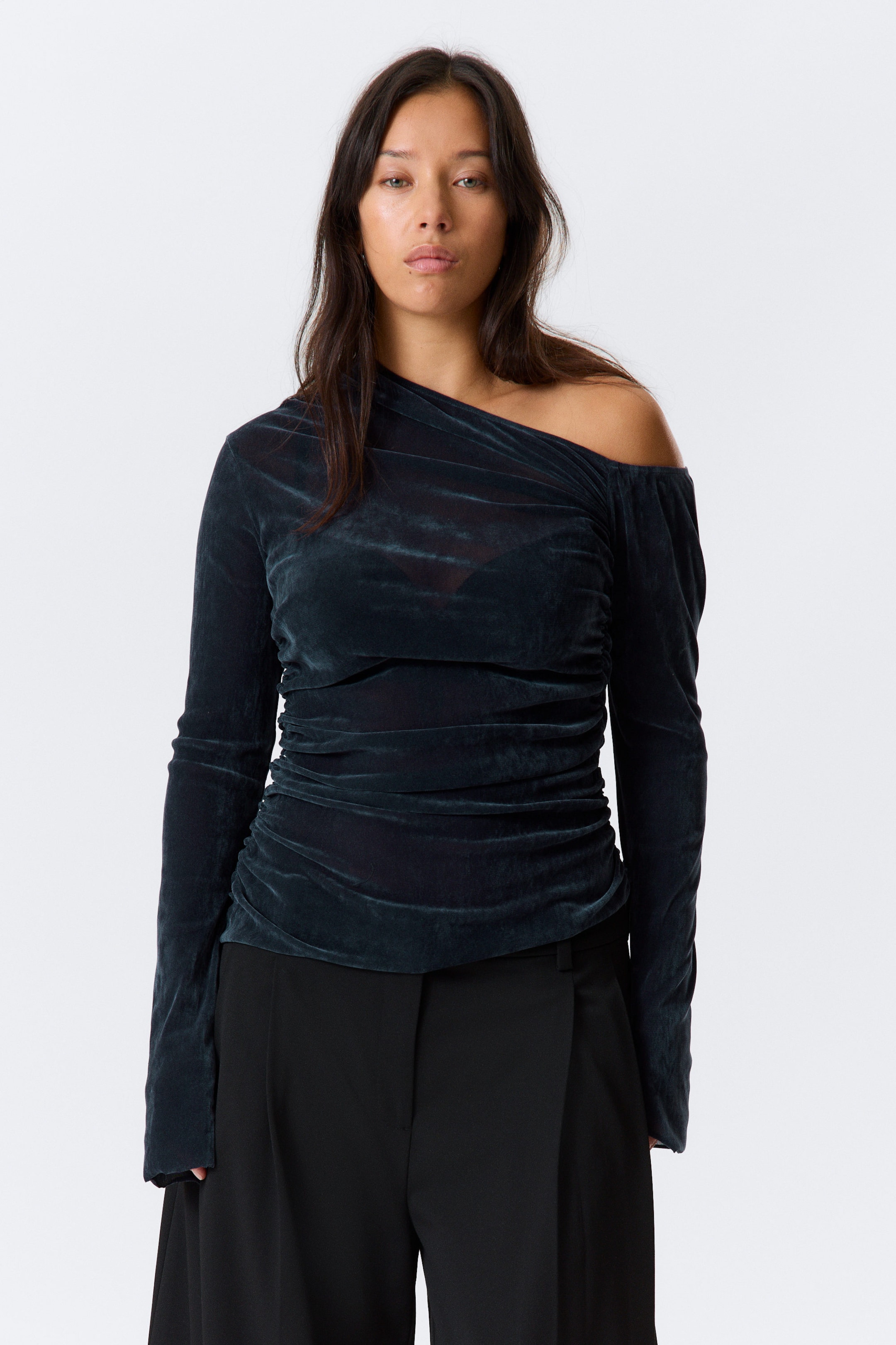 Dark Blue - Draped Asymmetric Velvet Mesh Top - 1