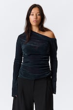 Dunkelblau - Asymmetrisches, drapiertes Mesh-Top aus Samt - 0