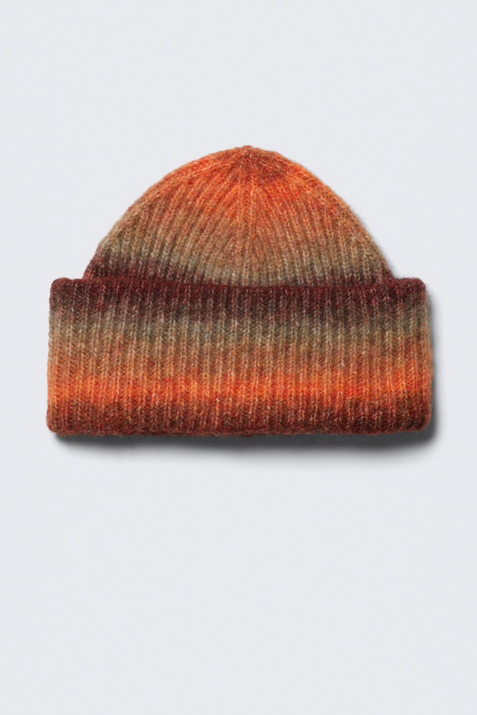 Knitted Fold-Up Ribbed Beanie - Bright Orange & Burgundy/Dark Mole - Space Dye