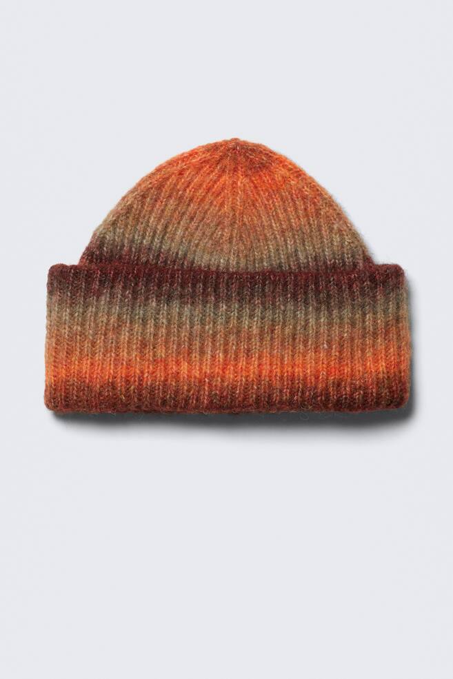 Strikket Fold-Up Ribbet Beanie - Bright Orange & Burgundy/Beige - 1