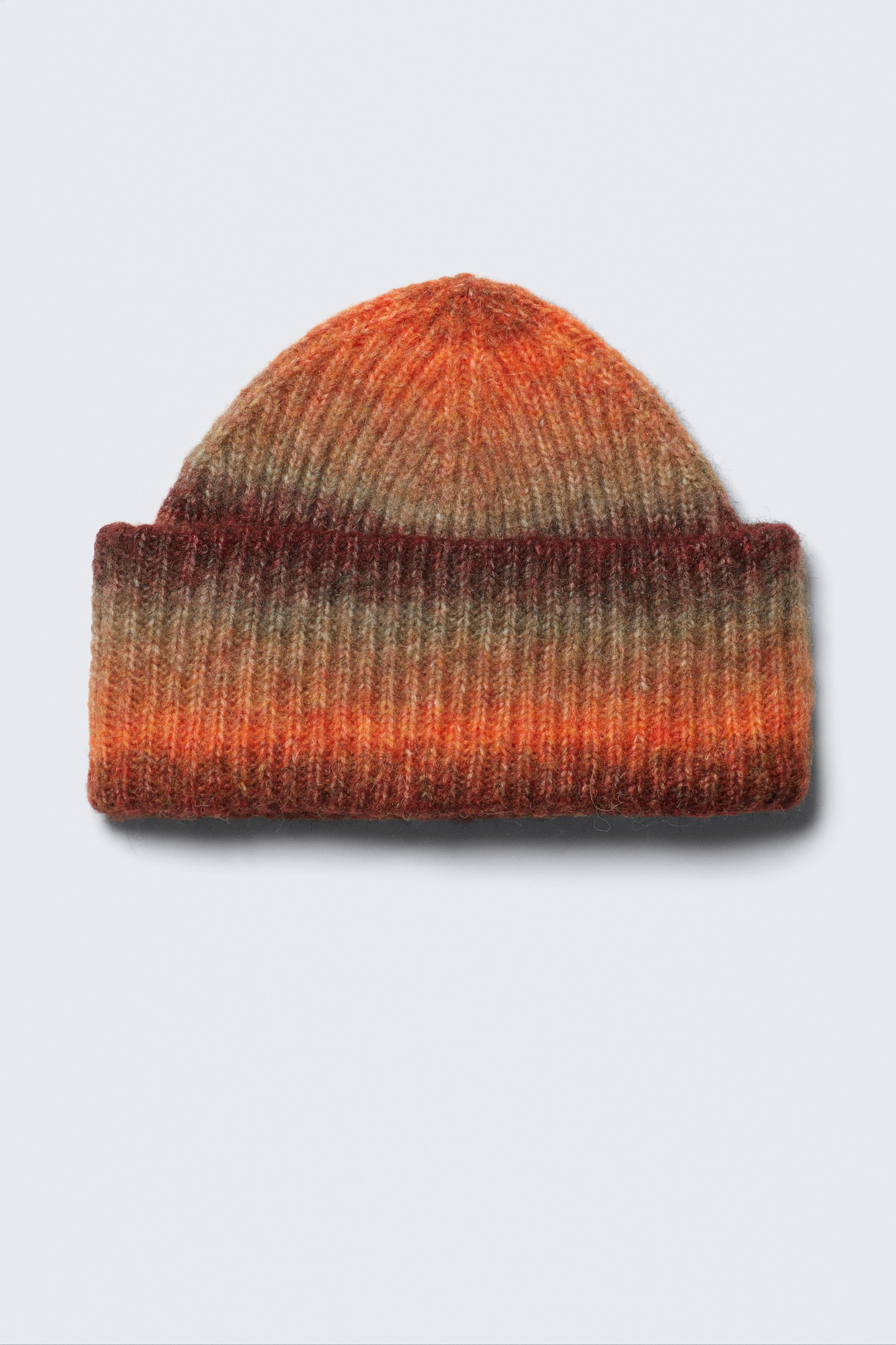 Knitted Fold-Up Ribbed Beanie - Bright Orange & Burgundy