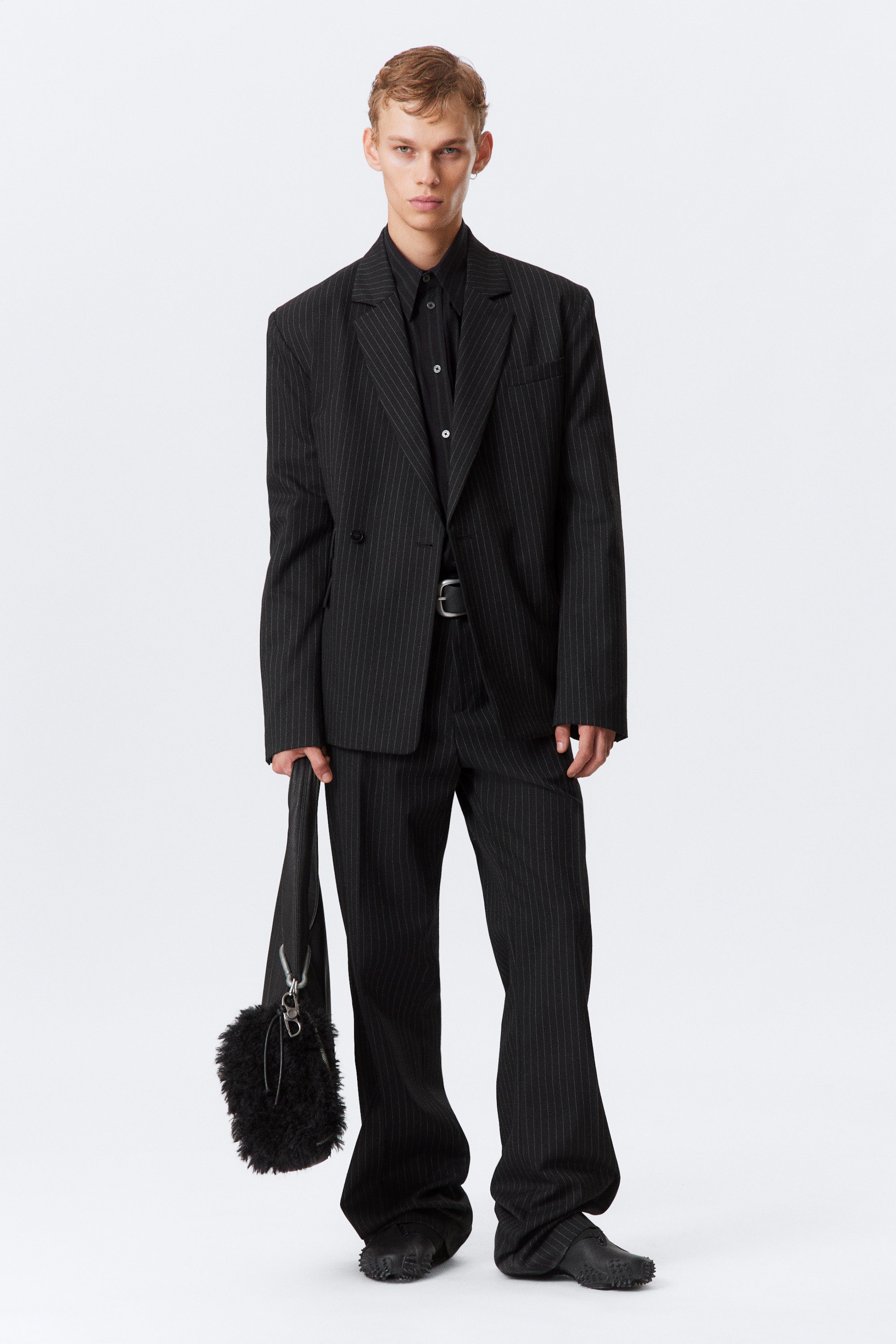 Black - Pinstriped - Double-Breasted Fitted Blazer - 2