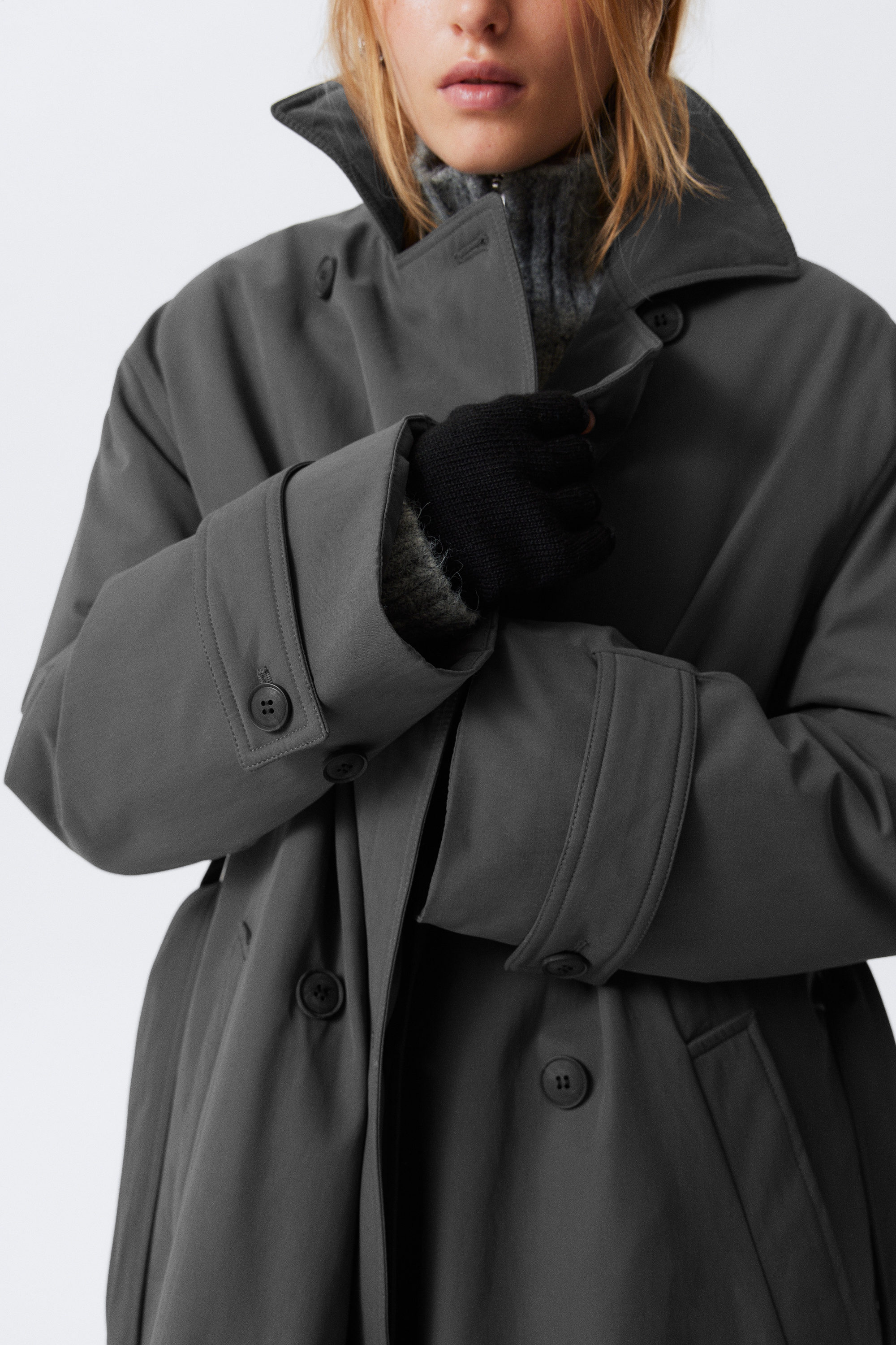 Dark Grey - OVERSIZED PADDED TRENCH COAT - 2