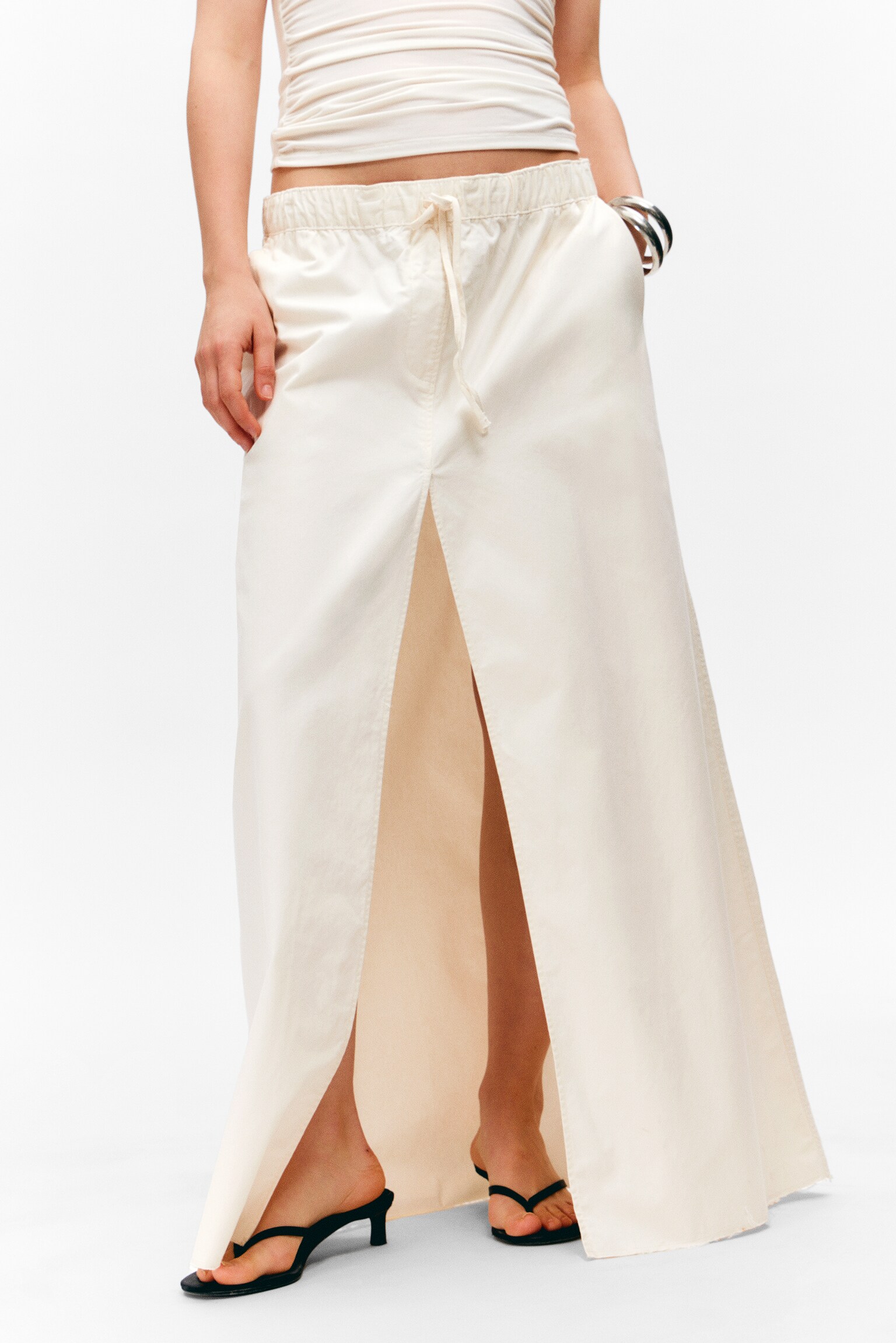 Drawstring Cotton Canvas Maxi Skirt - White/Dark Brown - 5