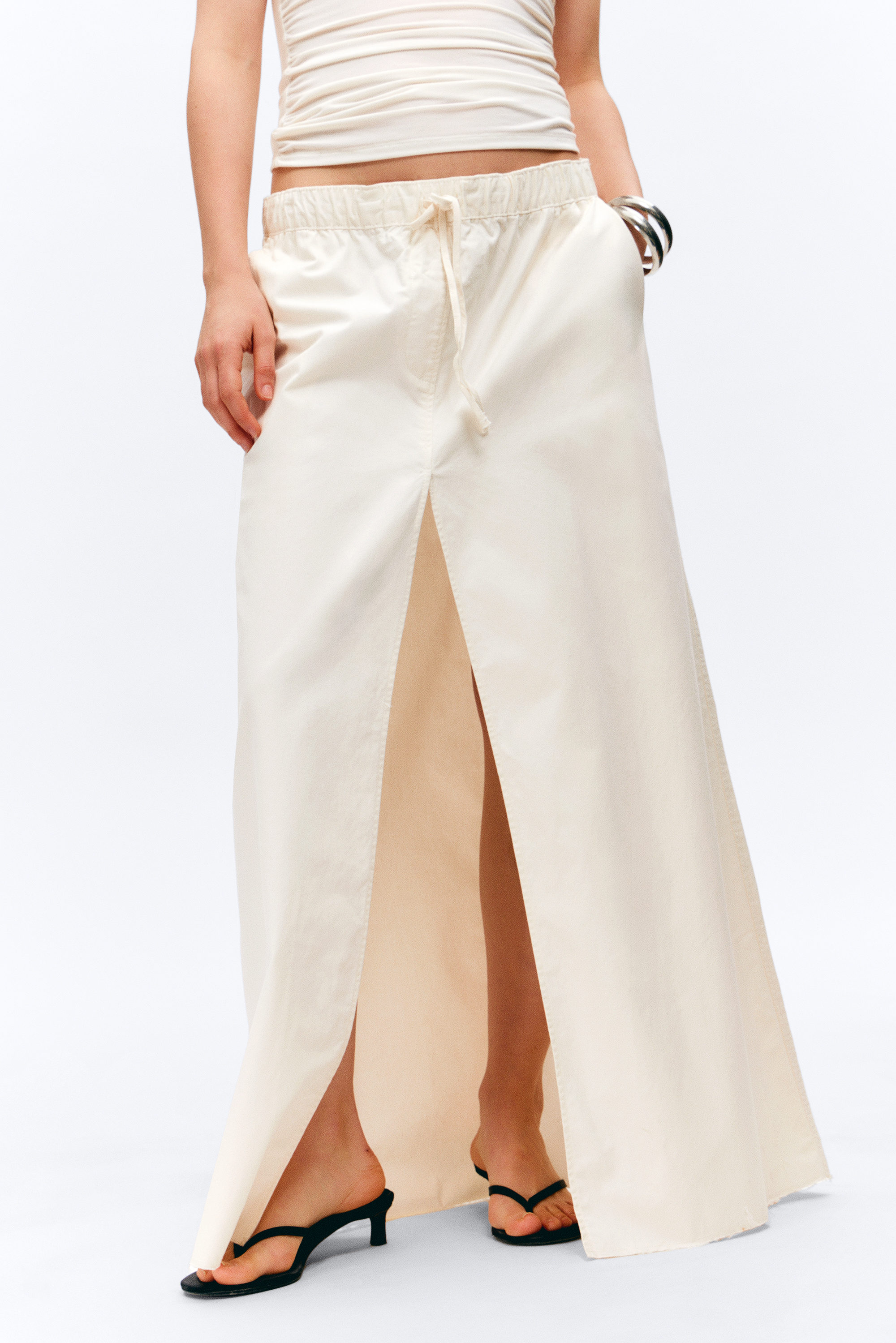 #ECE9E2 - Drawstring Cotton Canvas Maxi Skirt - 2