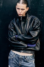 Noir - Veste oversize en cuir à col cheminée - 0