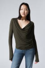Dark Khaki Green - Draped Long-Sleeved Top - 0