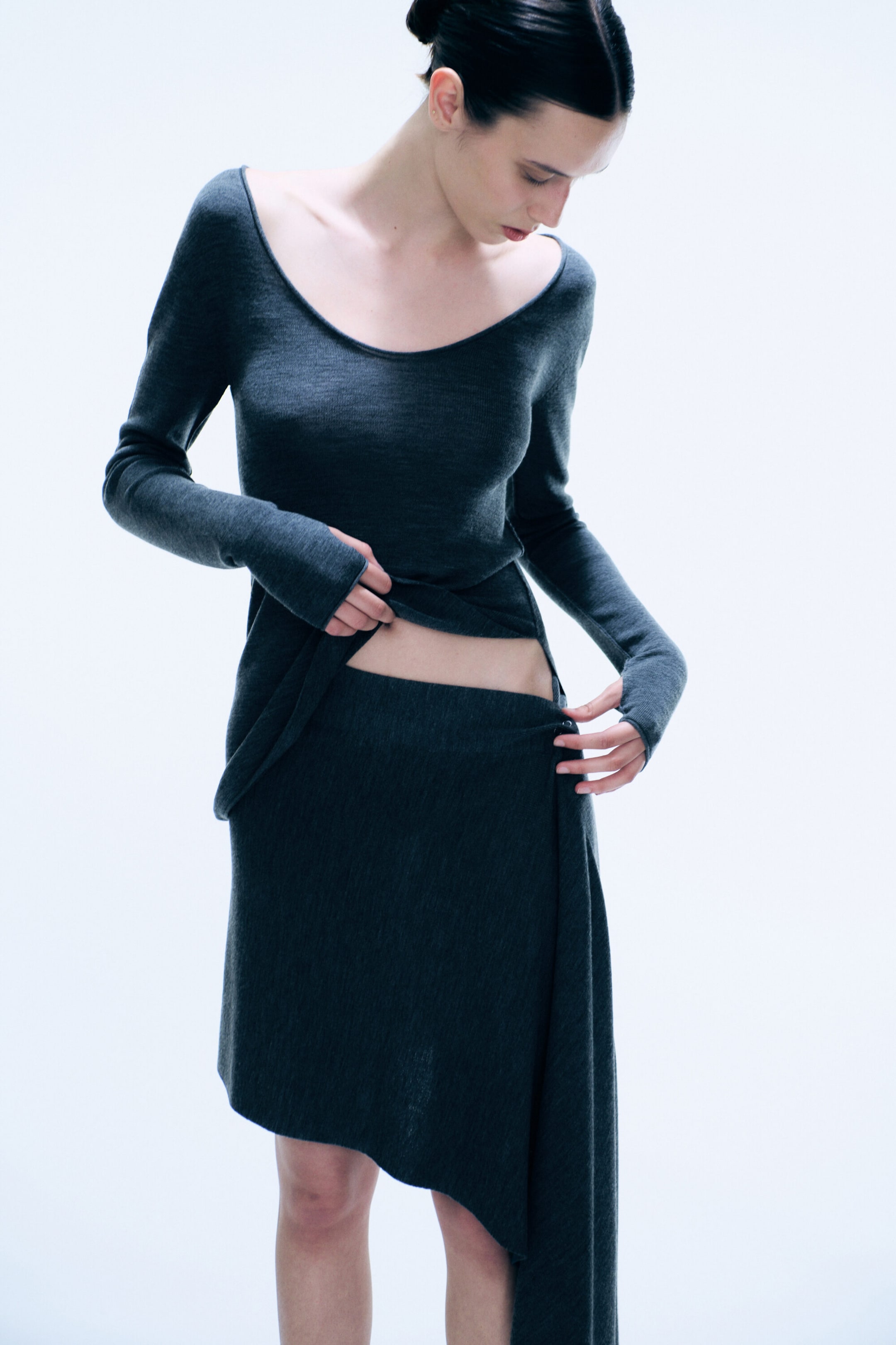 Dark Grey Melange - Knitted Combo Scarf Top - 2