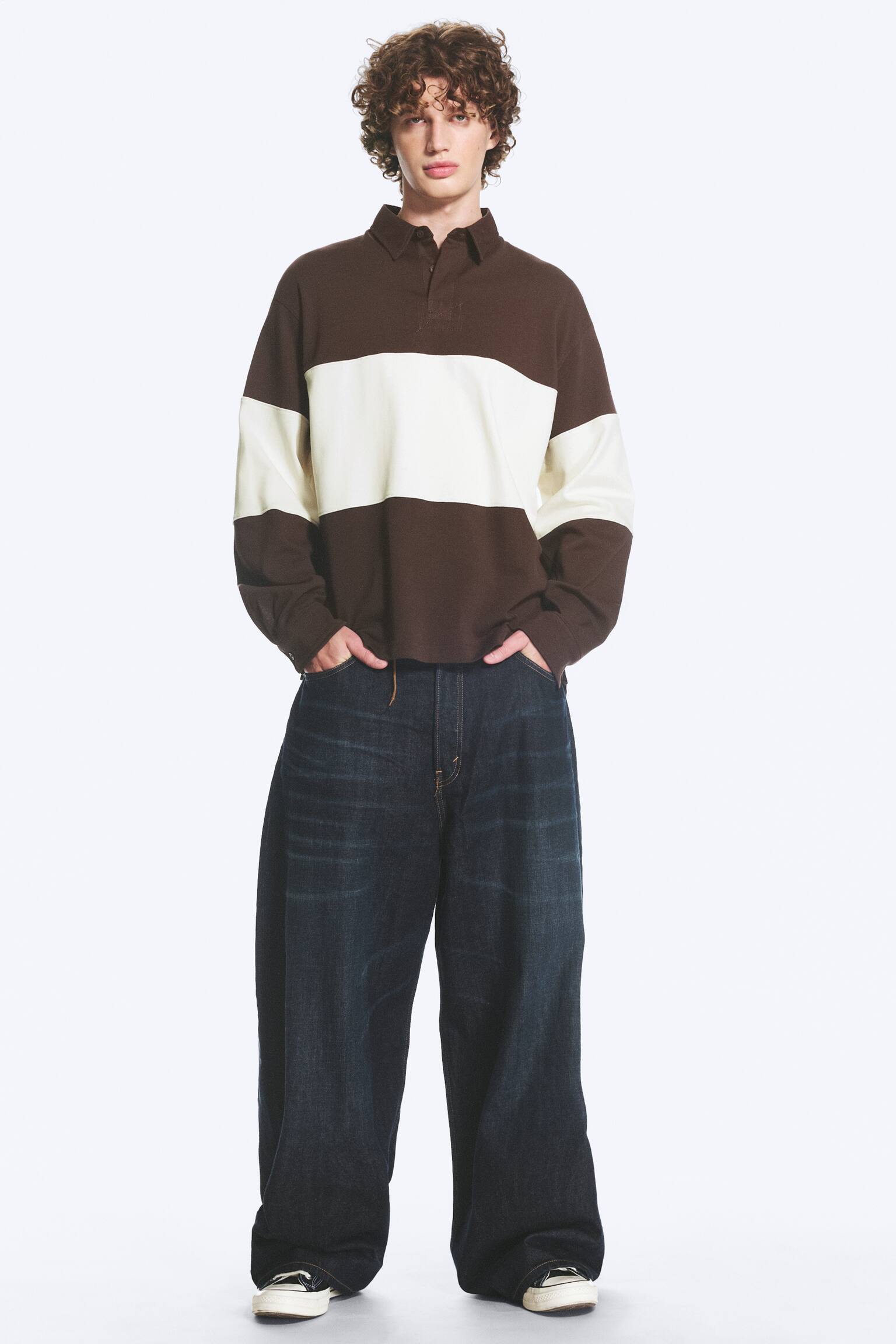 Boxy rugbyshirt - Donkerbruin/wit - 1