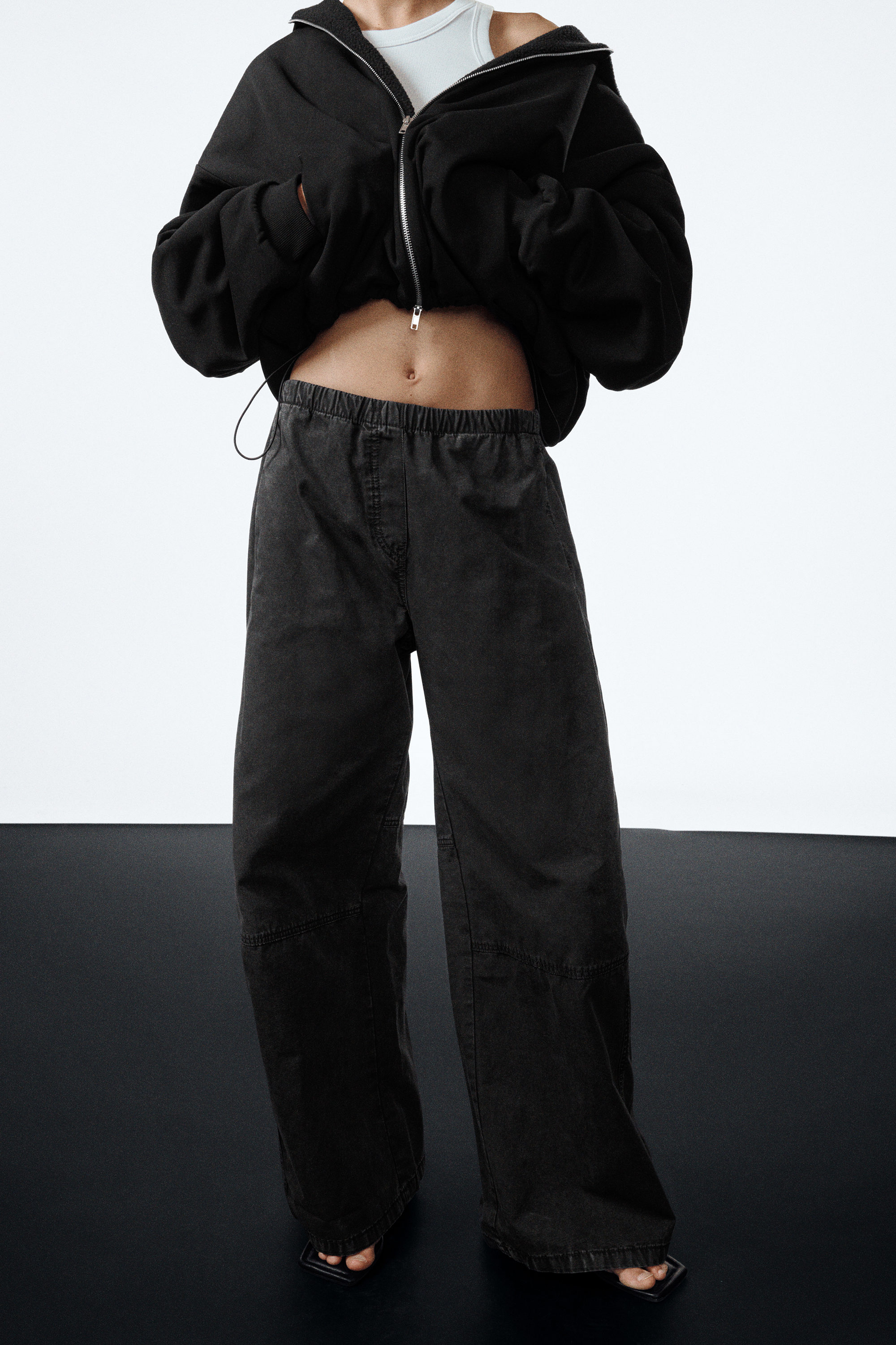 Washed Black - Low Rise Baggy Washed Canvas Trousers - 2