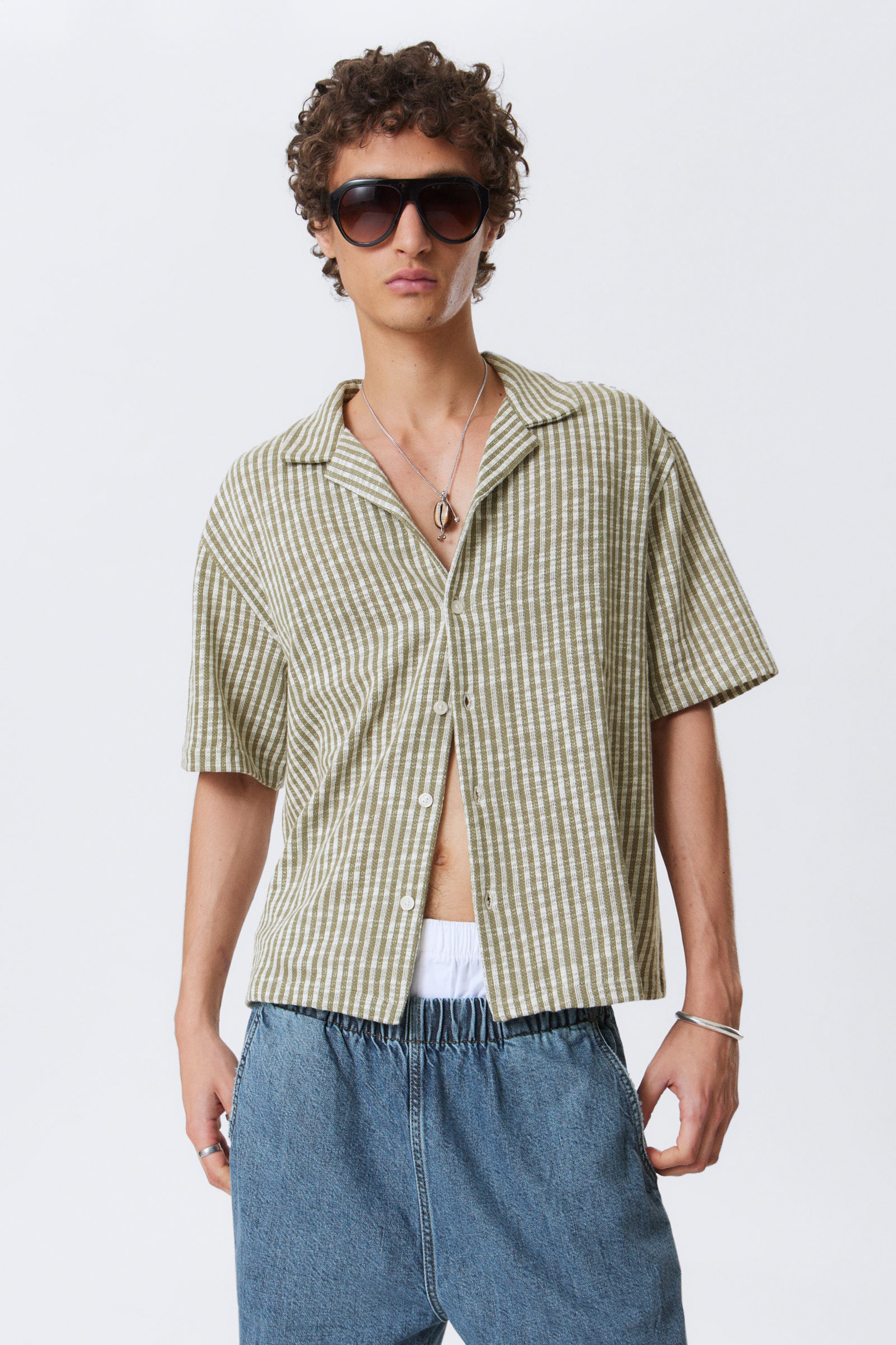 #7C7C6E - Textured Short-Sleeved Resort Shirt - 1