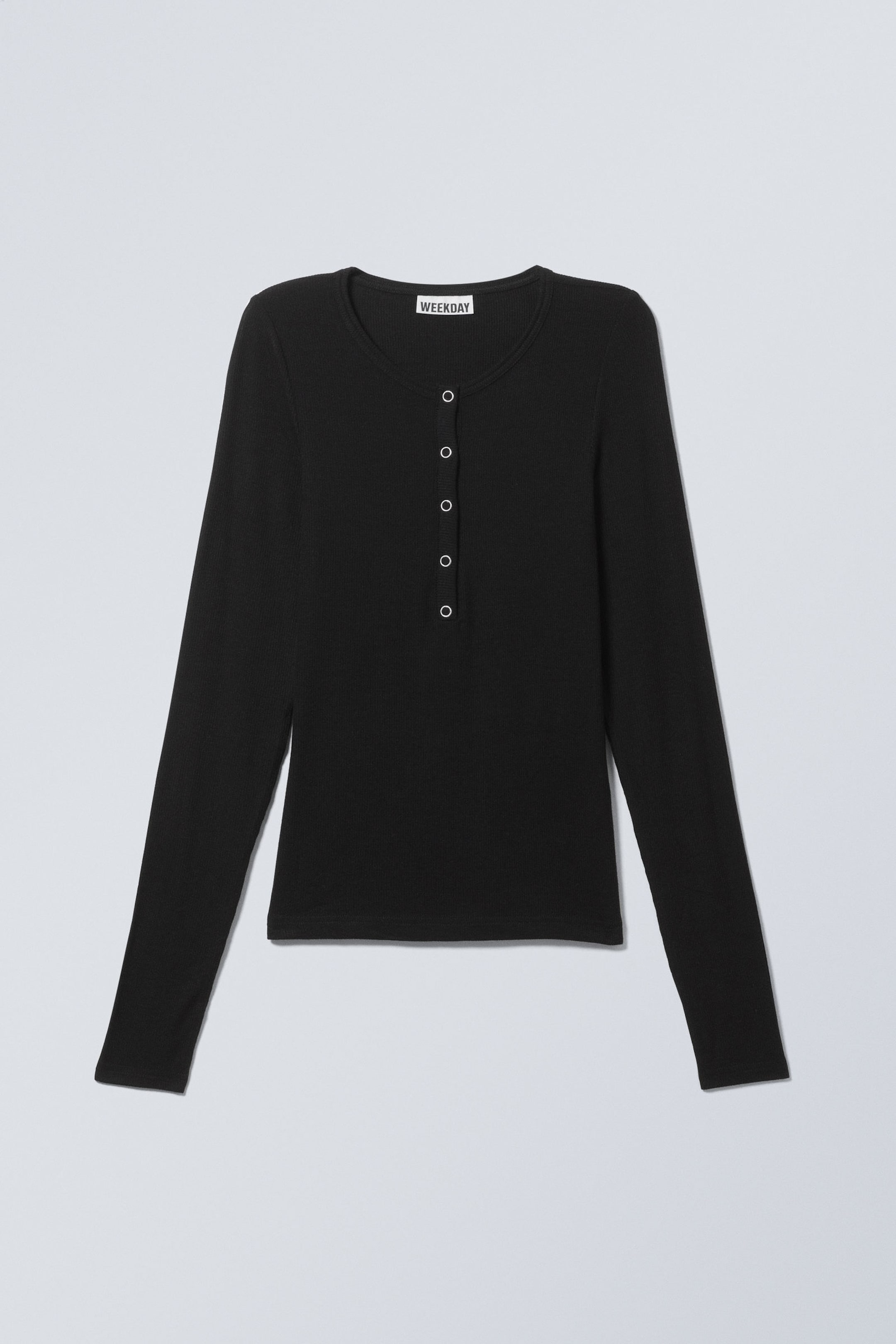 Black - Sheer Rib Long Sleeve Henley Top - 3