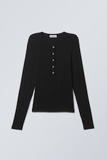 Black - Sheer Rib Long Sleeve Henley Top - 0