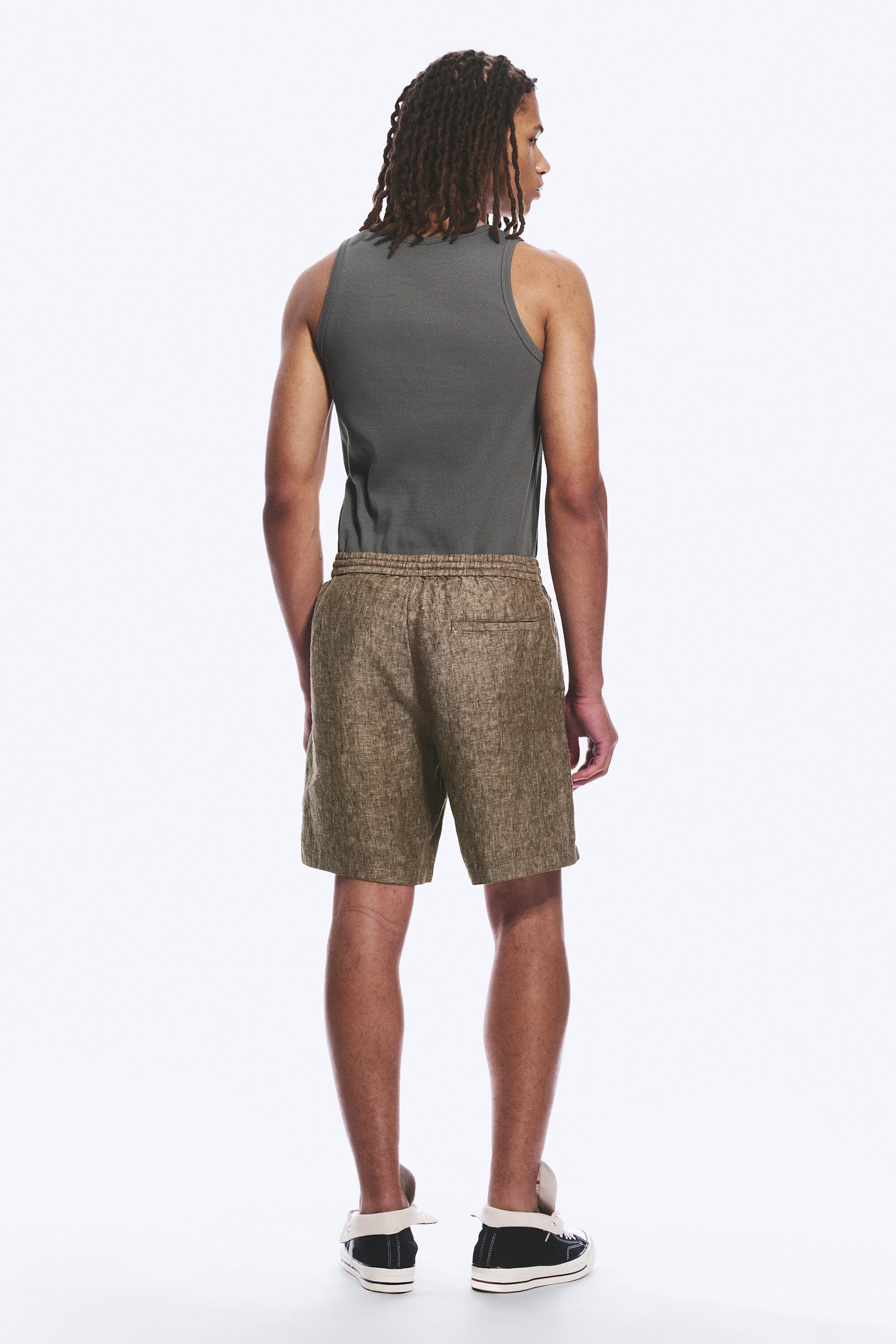 Dark Brown Melange - Relaxed Linen Drawstring Shorts - 1