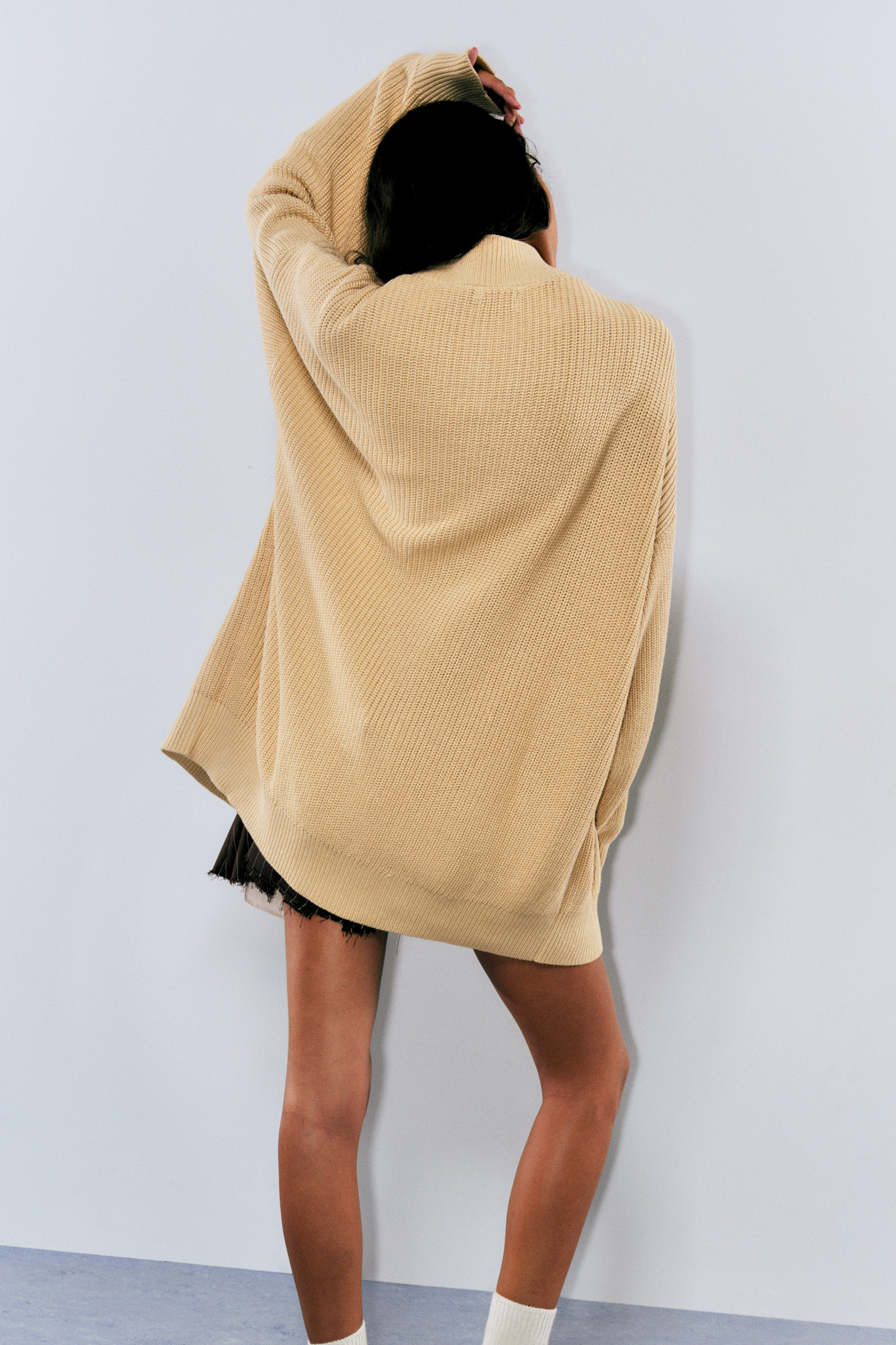 Beige - Oversized V-Neck Cotton Knit Cardigan - 2