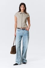 Beige - Fitted Short-Sleeved Zip Top - 1