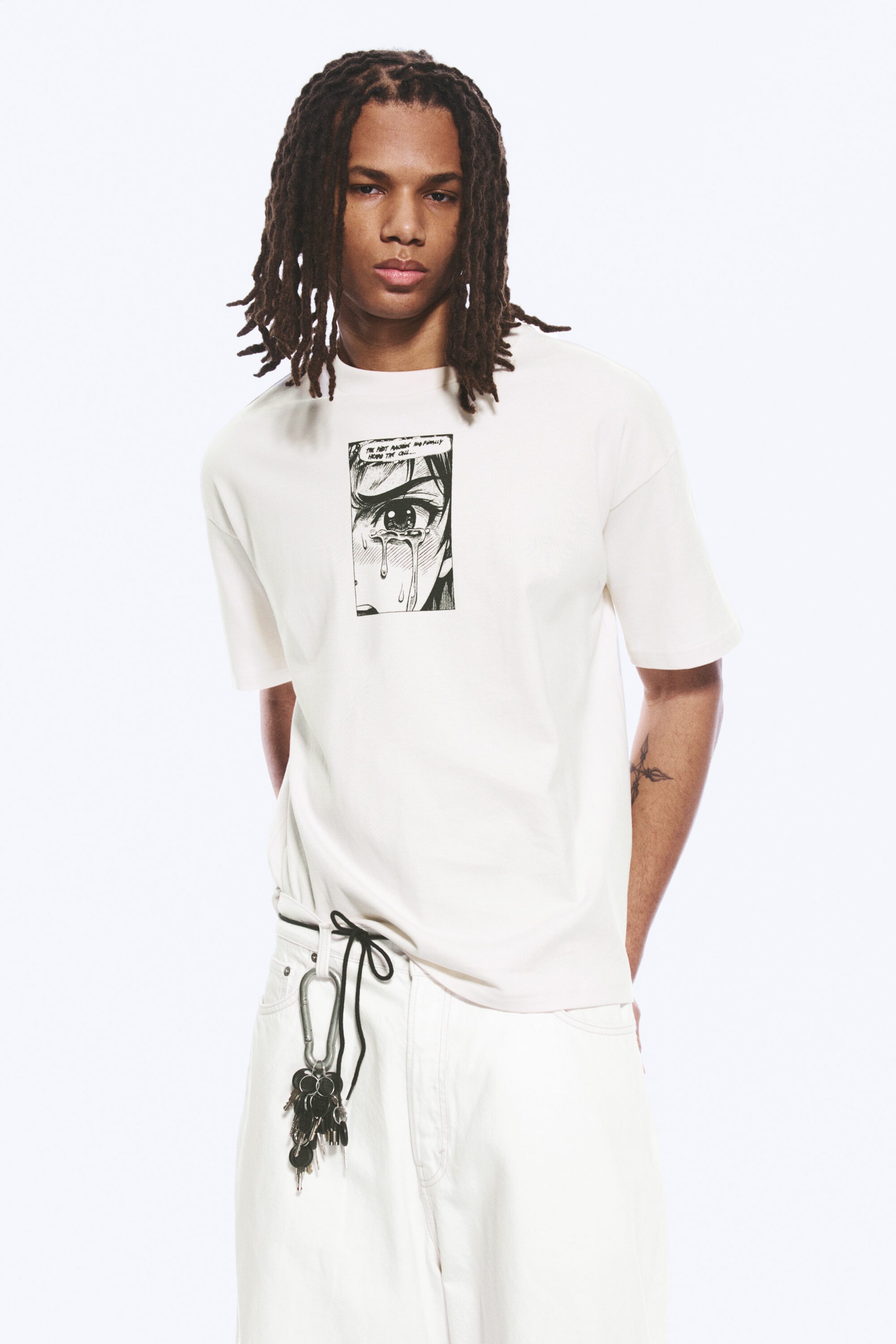 Weiß - Tränen - Bedrucktes kastiges T-Shirt - 2