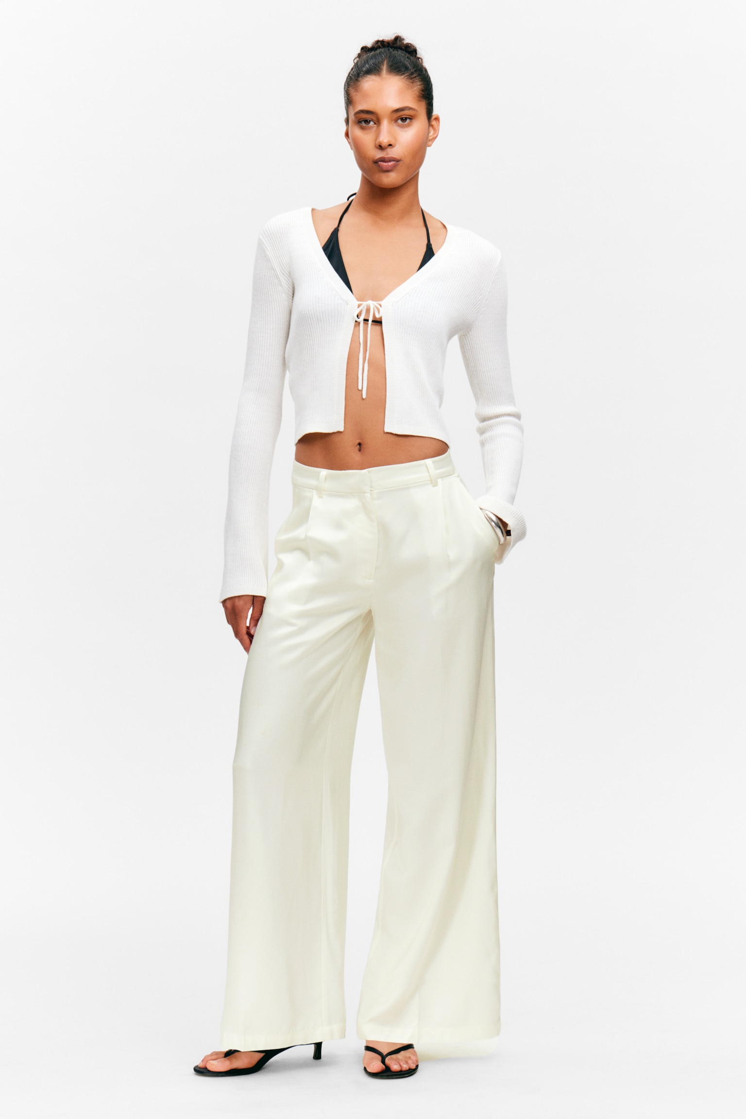 High Waisted Wide Leg Satin Trousers - Fehér