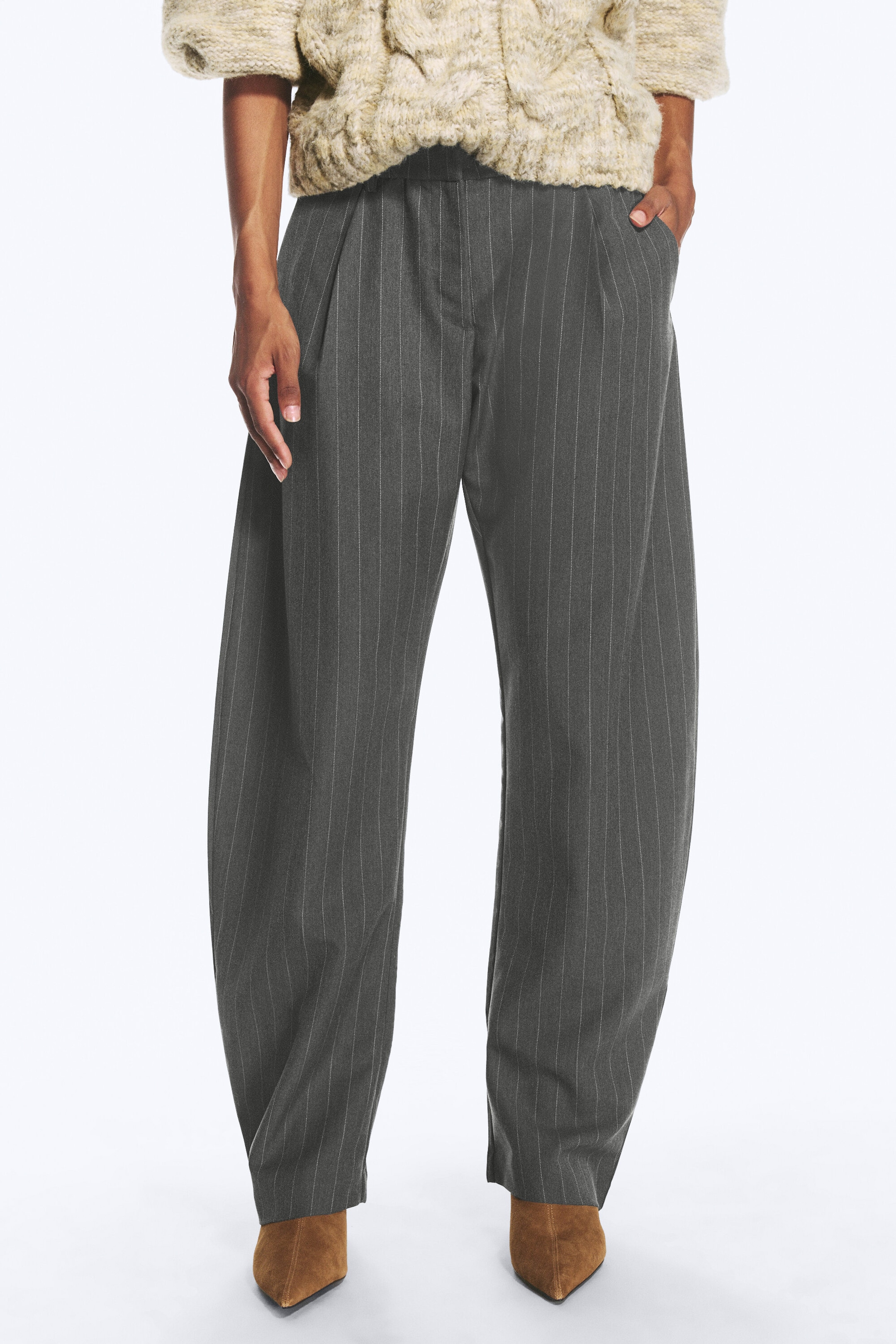 Gris foncé chiné rayé - Pantalon de costume à jambes fuselées et coupe ample - 2