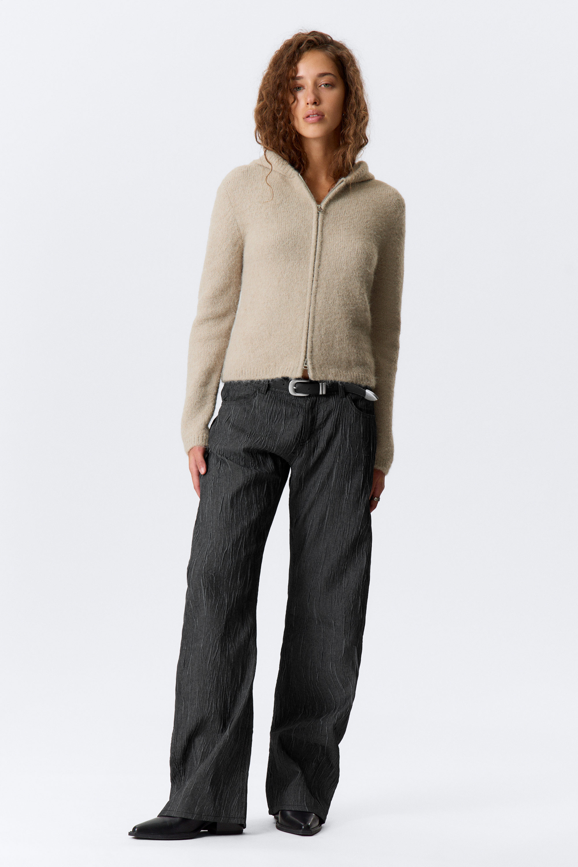 Beige - Boxy Knitted Zip Hoodie - 1