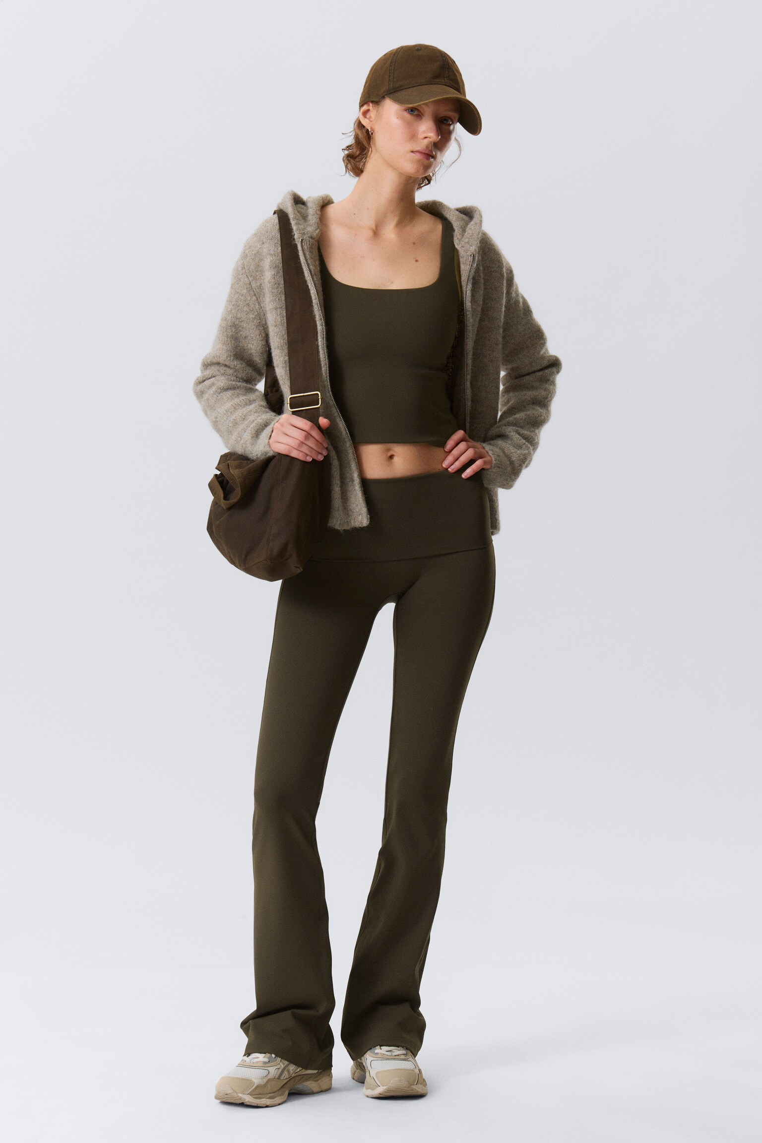 Folded Waist Flared Yoga Tights - Dark Brown/Light Dusty Grey/Black/Dark Grey/White/Dark Brown/Dark Khaki Green - 4