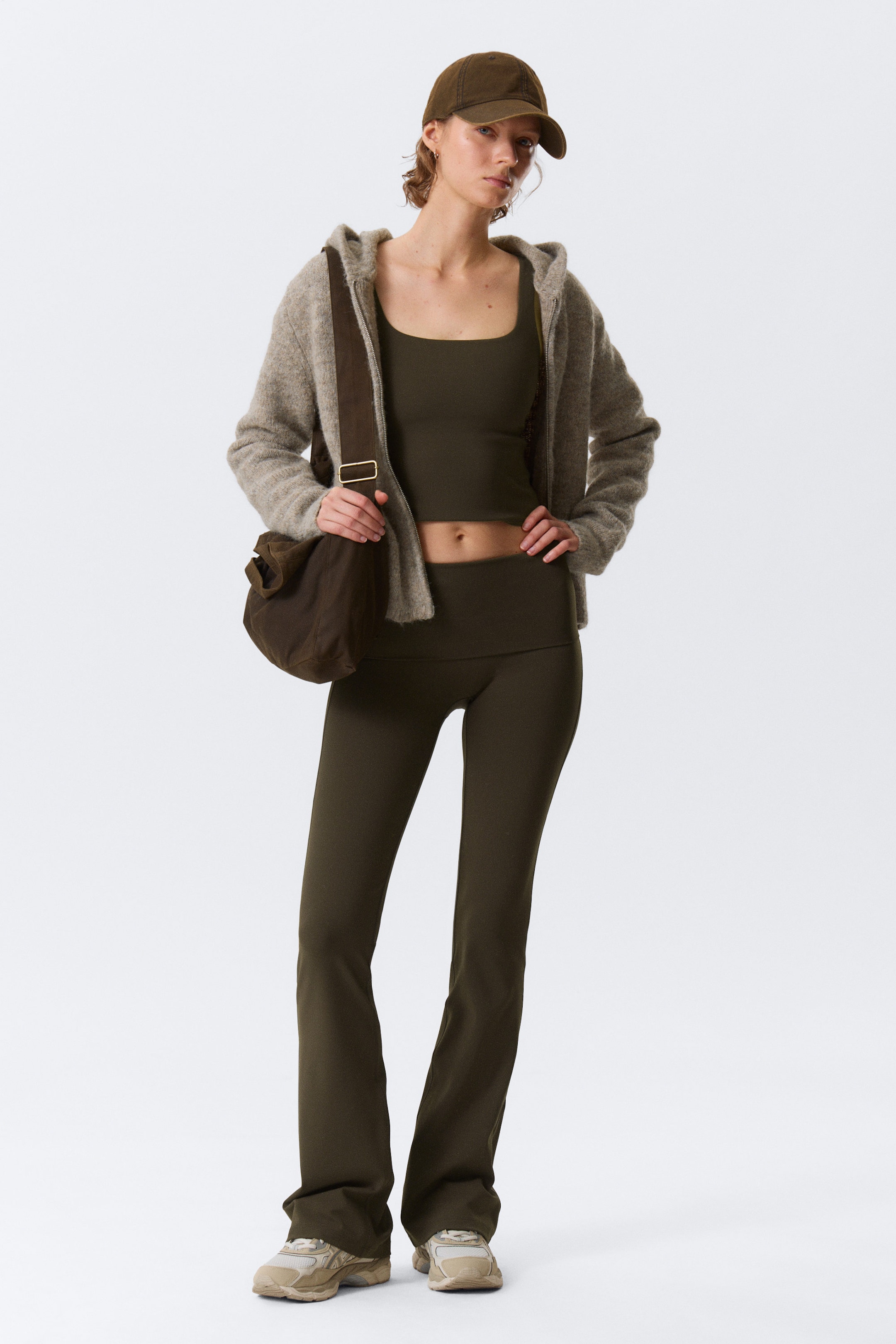 Dark Brown - Folded Waist Flared Yoga Tights - 2