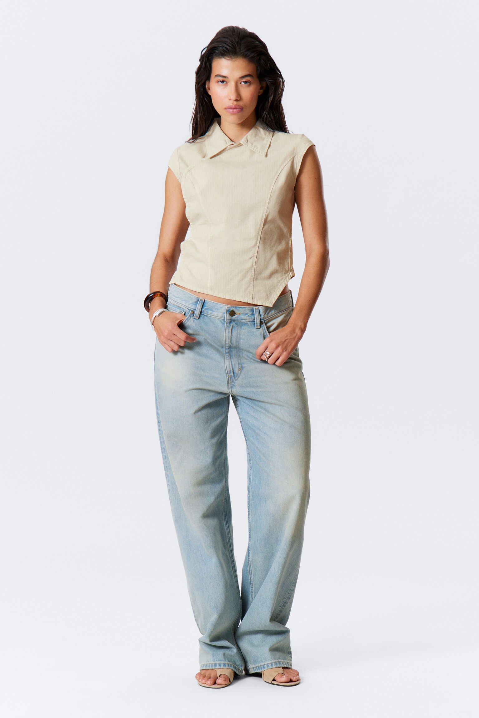 Cap-Sleeved Asymmetric Ripstop Top - Light Beige/Black/Khaki Green - 5