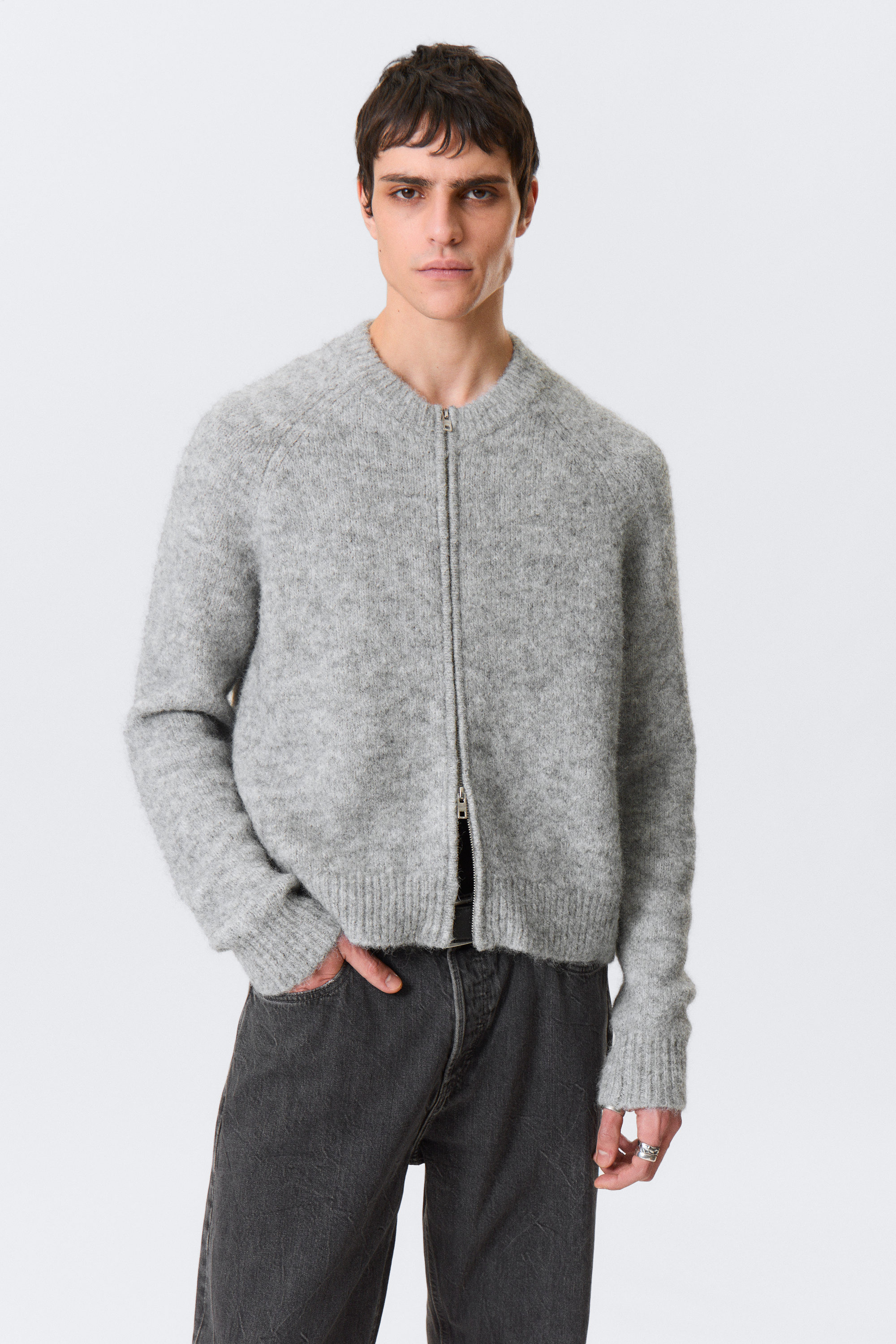 Gråmelerad - Raglanärmad cardigan med dragkedja i ullmix - 5