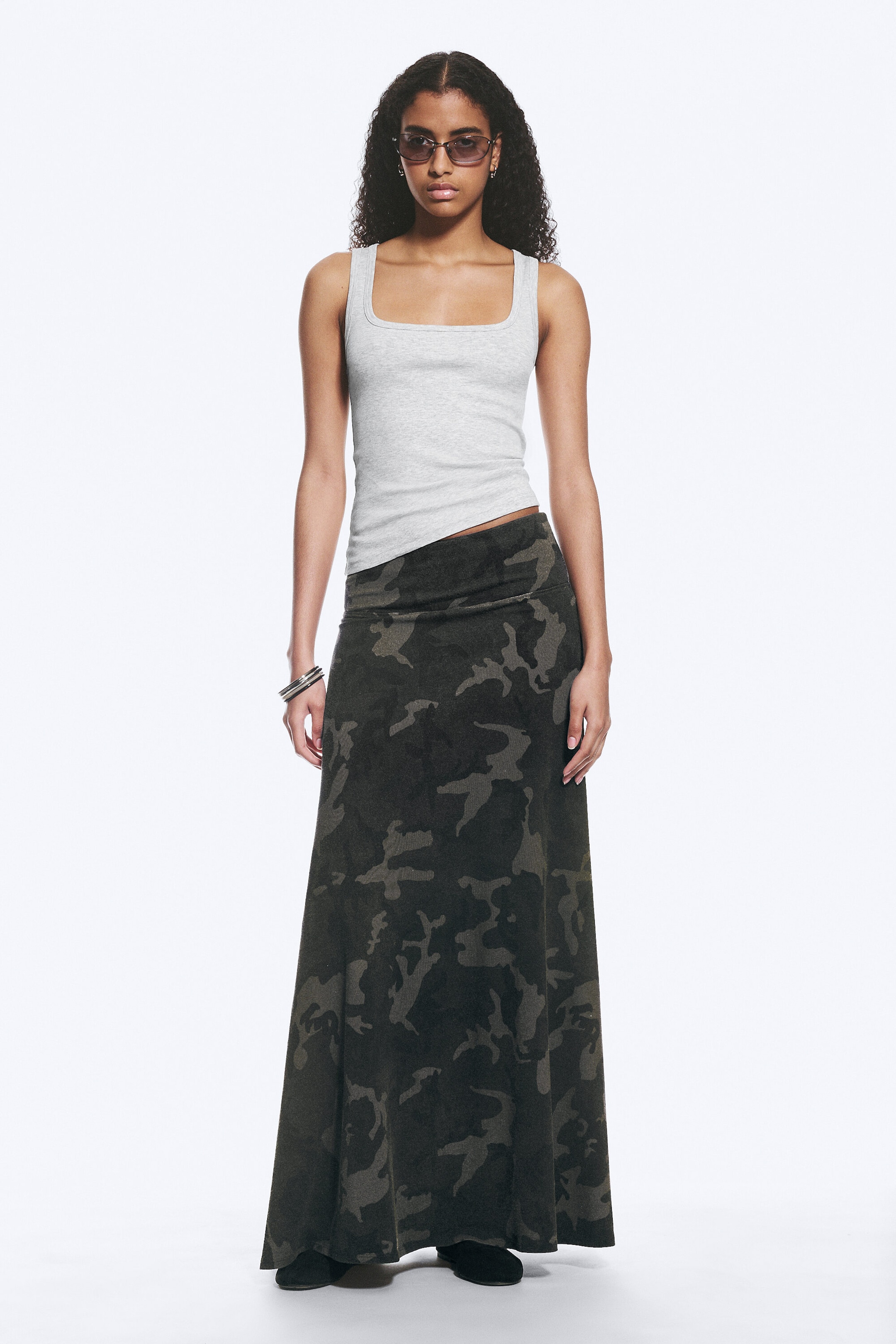 Khaki Green - Camouflage - Mid Rise Printed Maxi Skirt - 1