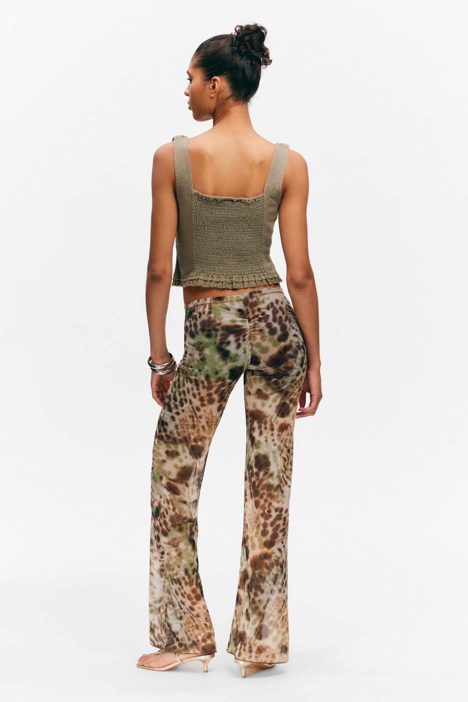 Flared Printed Mesh Trousers - Brown & Green - Floral Dots/Dark Brown - Blurry Floral - 5
