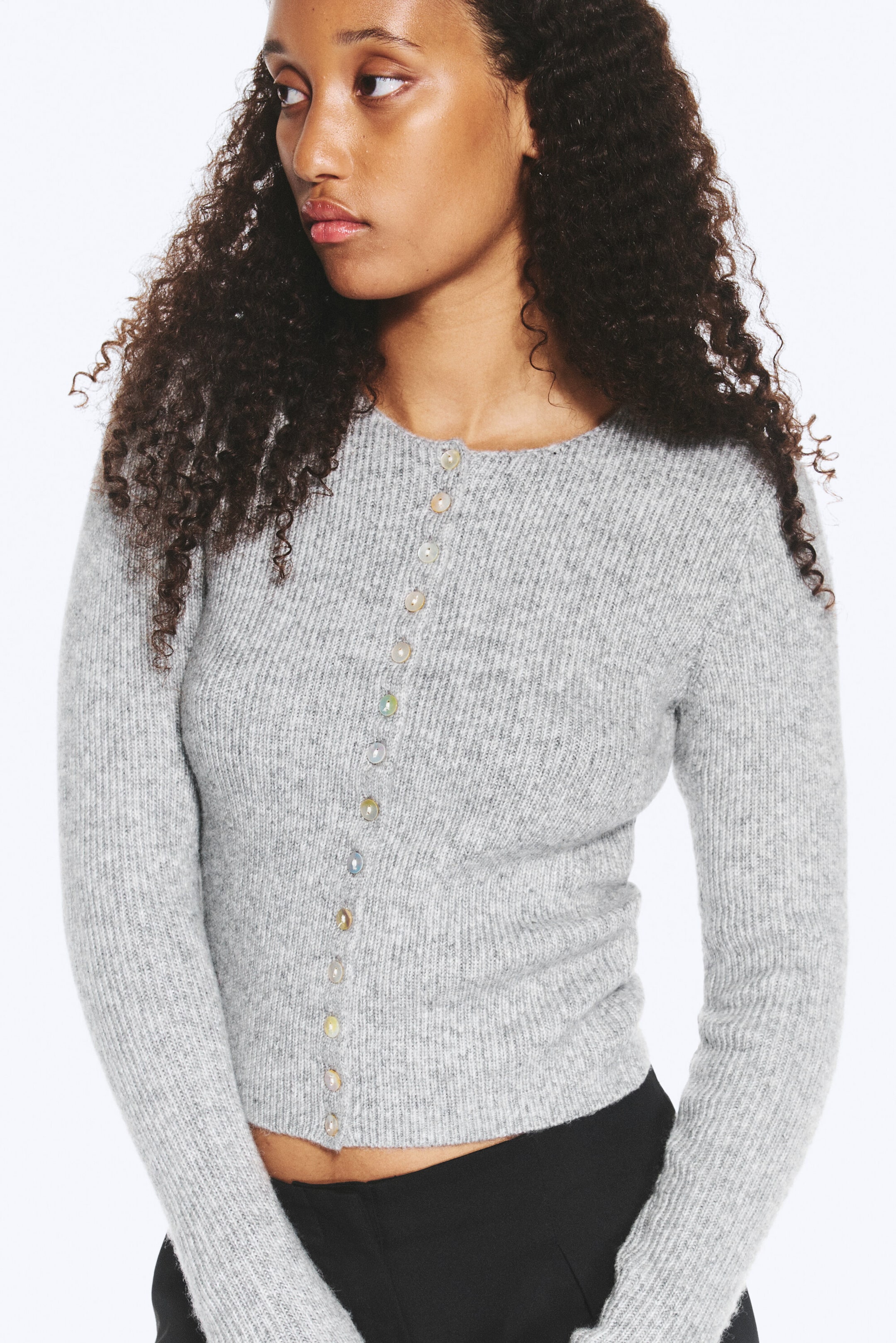 Grey Melange - Knitted Cardigan - 2