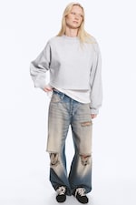Grey Melange - Cropped Oversized Sweatshirt - 0