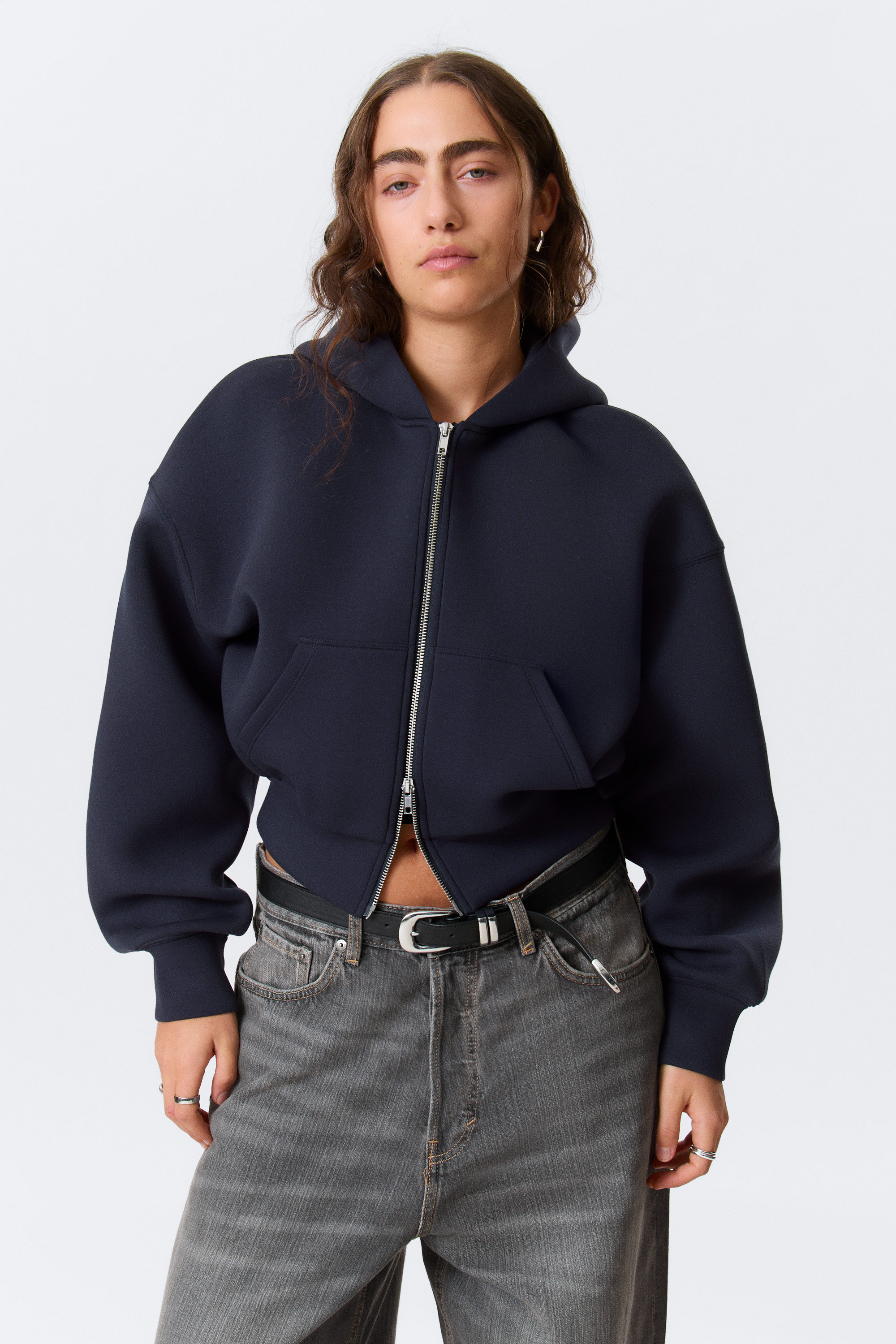 Donkerblauw - Hoodie van scubastof met rits - Loose Fit - 2