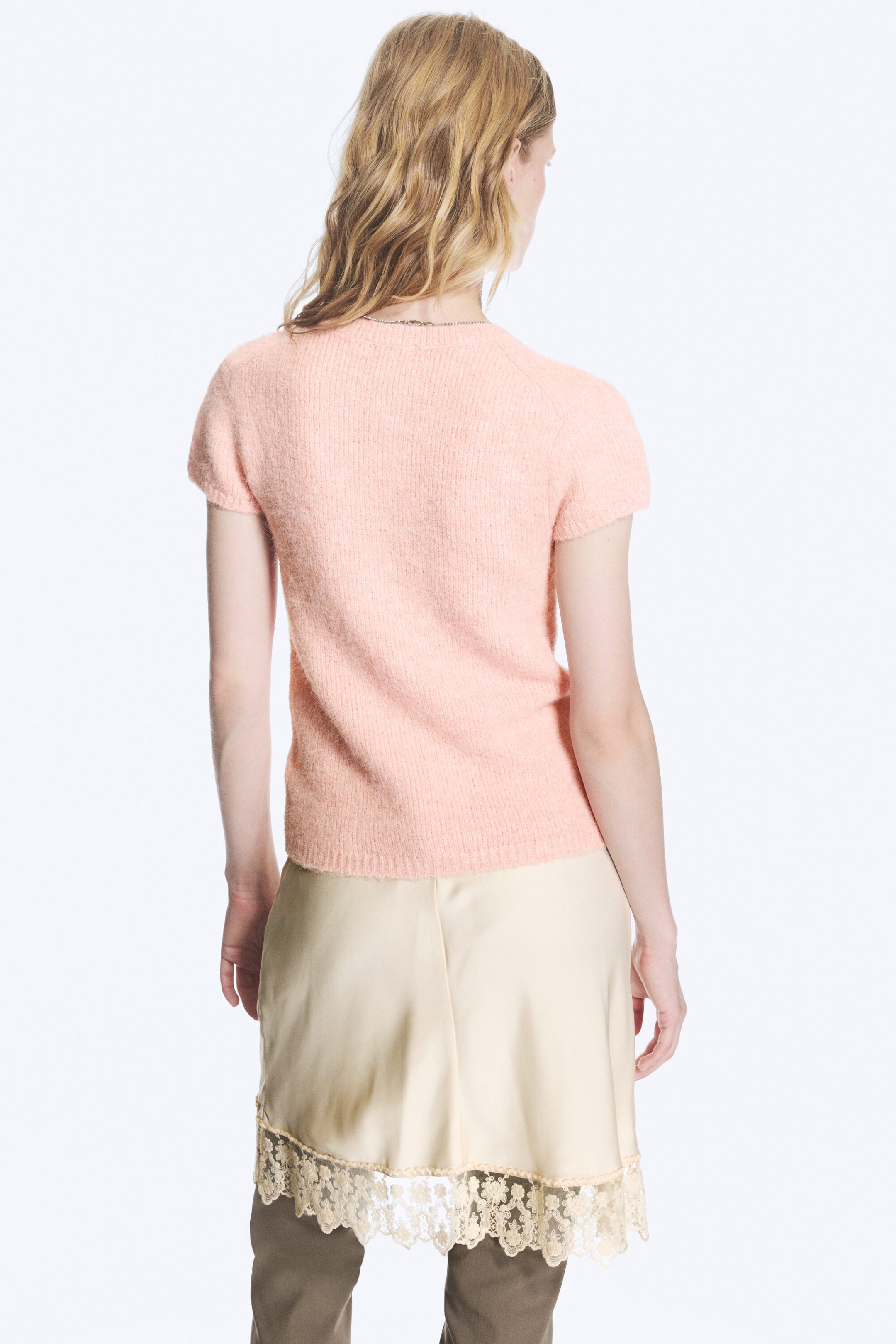 Helles Pfirsichrosa - Kurzärmeliger Strickcardigan - 3