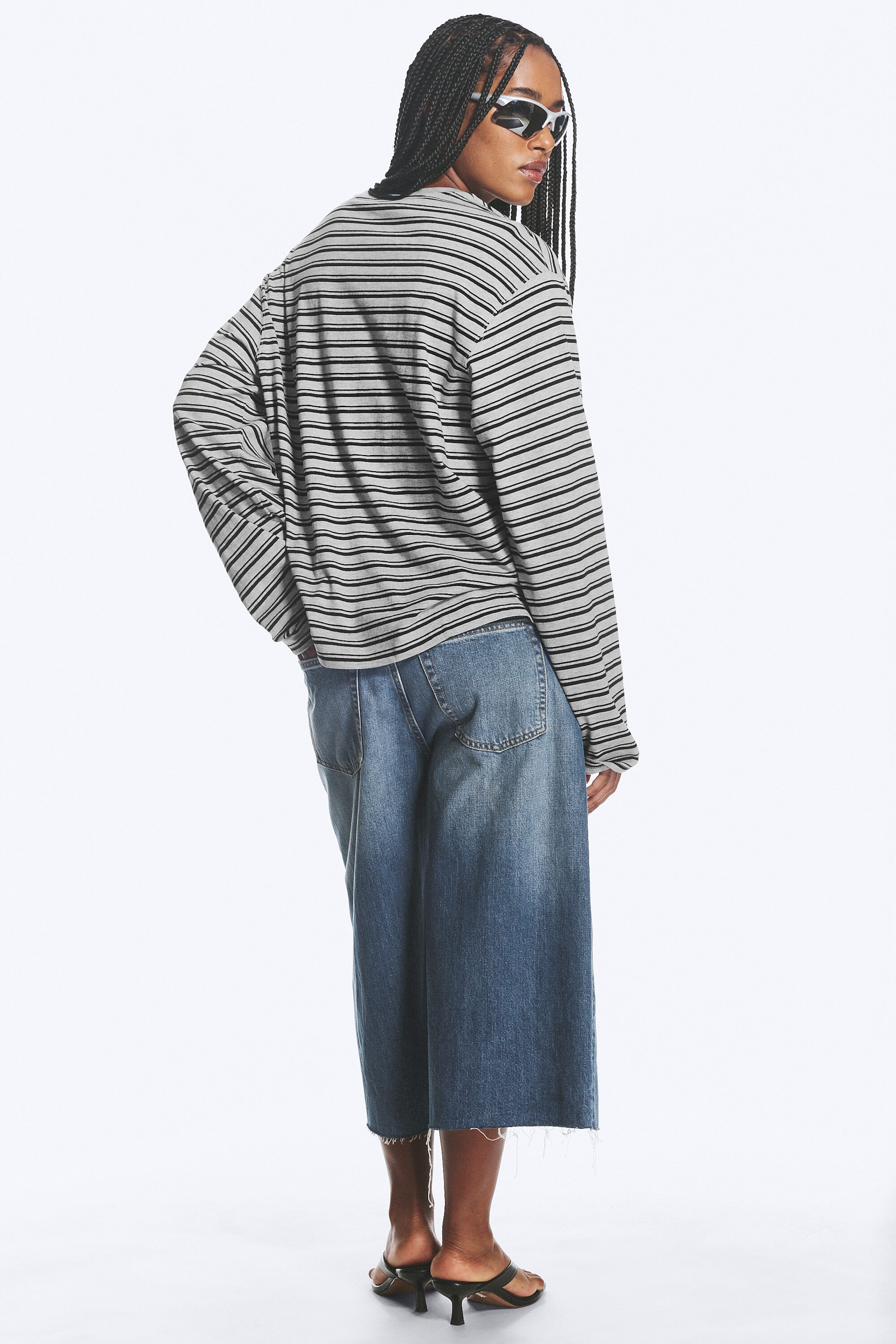 Grey Melange/Black Striped - Boxy V-neck Long-sleevd T-shirt - 3