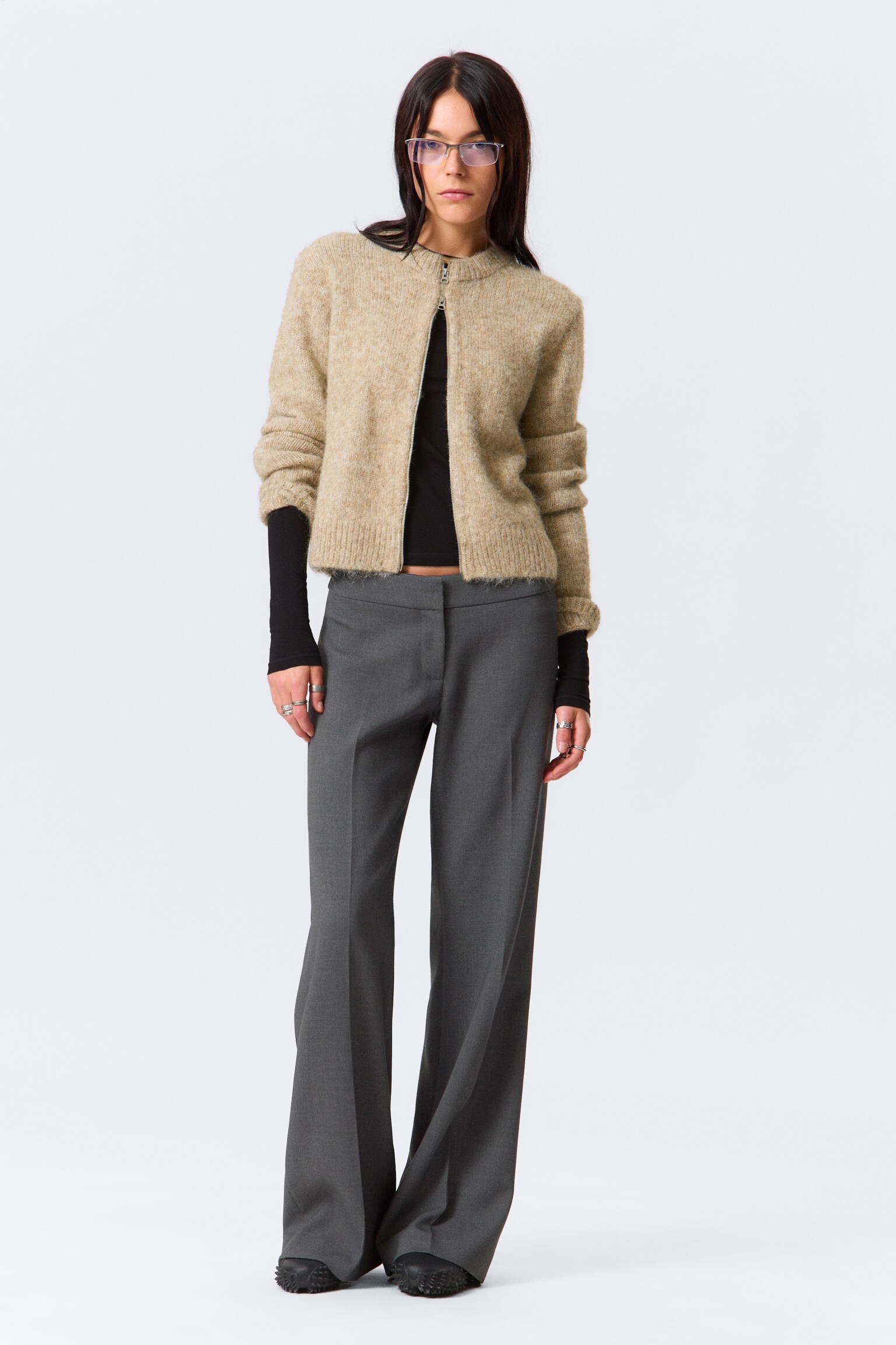 Pantalon de costume évasé taille mi-haute - Gris foncé chiné/Noir