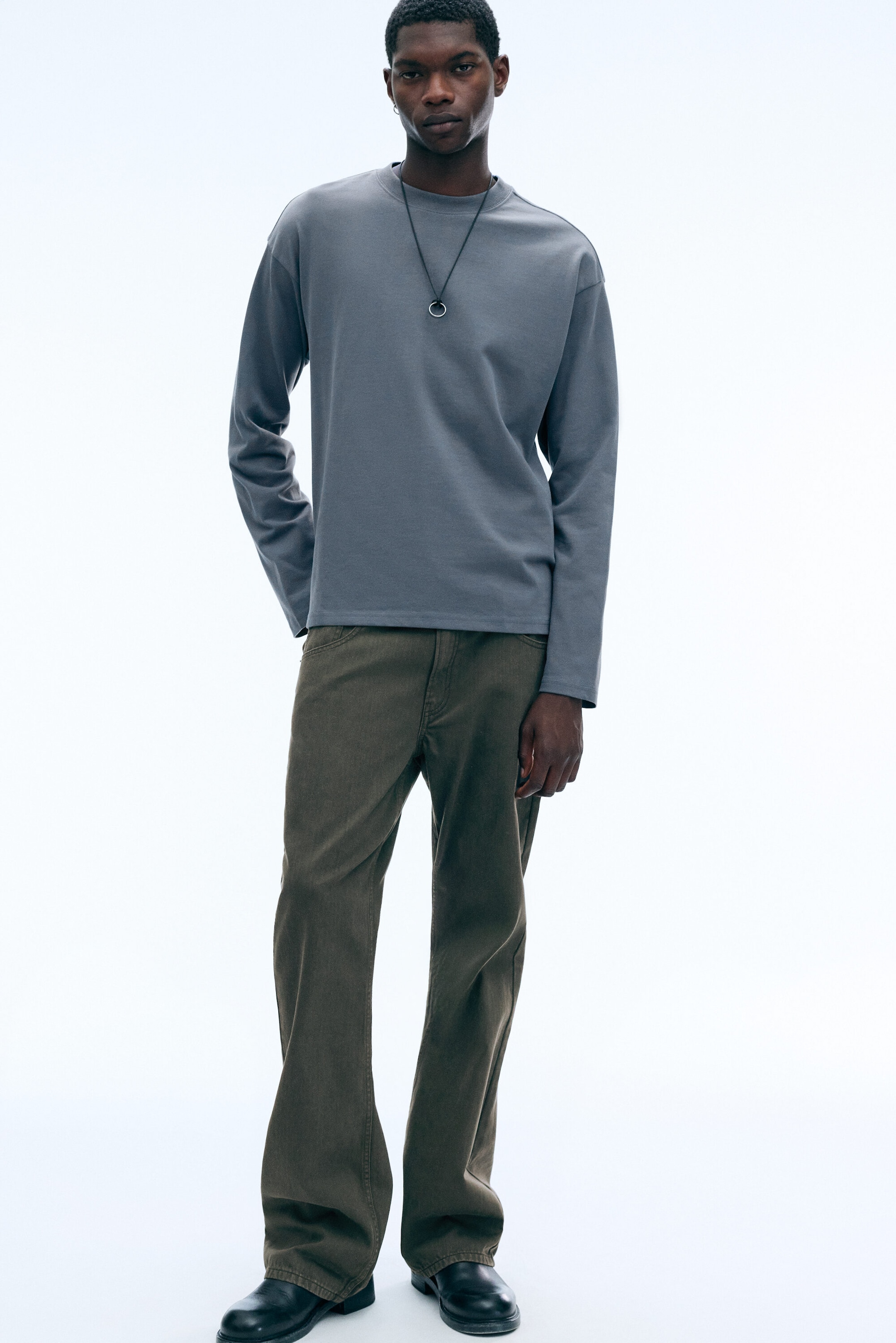 Dark Grey - Loose Boxy Long-Sleeved T-shirt - 2