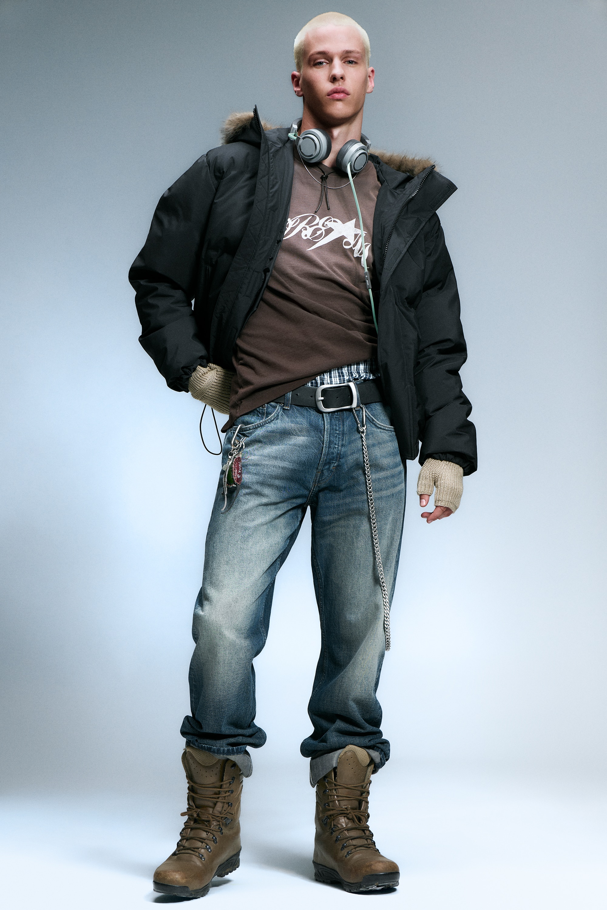 Hooded Puffer Jacket with Faux Fur Trim - Nero