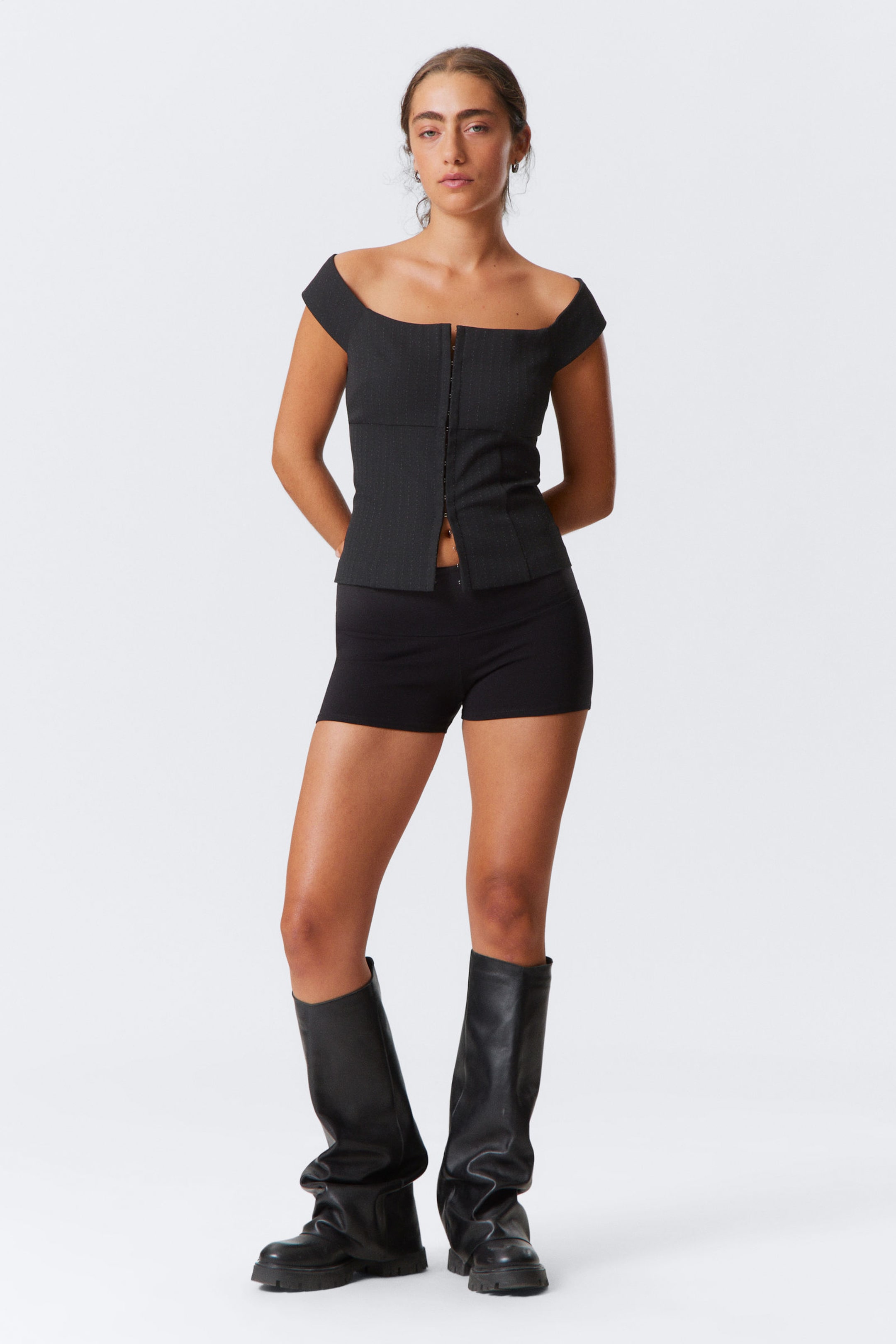 Black Pinstripe - Sleeveless Wide Neck Top - 2