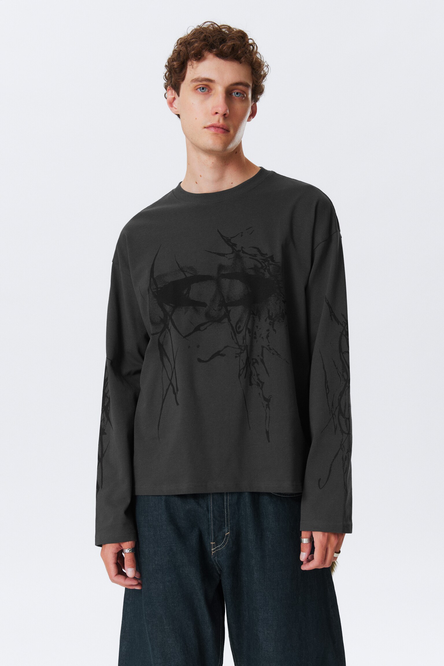 Great Boxy Graphic Long Sleeve T-shirt - Dark Grey - Big Mess/Dark Grey - Dragon Print/White - Skull Flame/White - Sketch Book