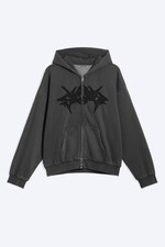 Noir délavé - Sweat à capuche zippé ample graphique - 0