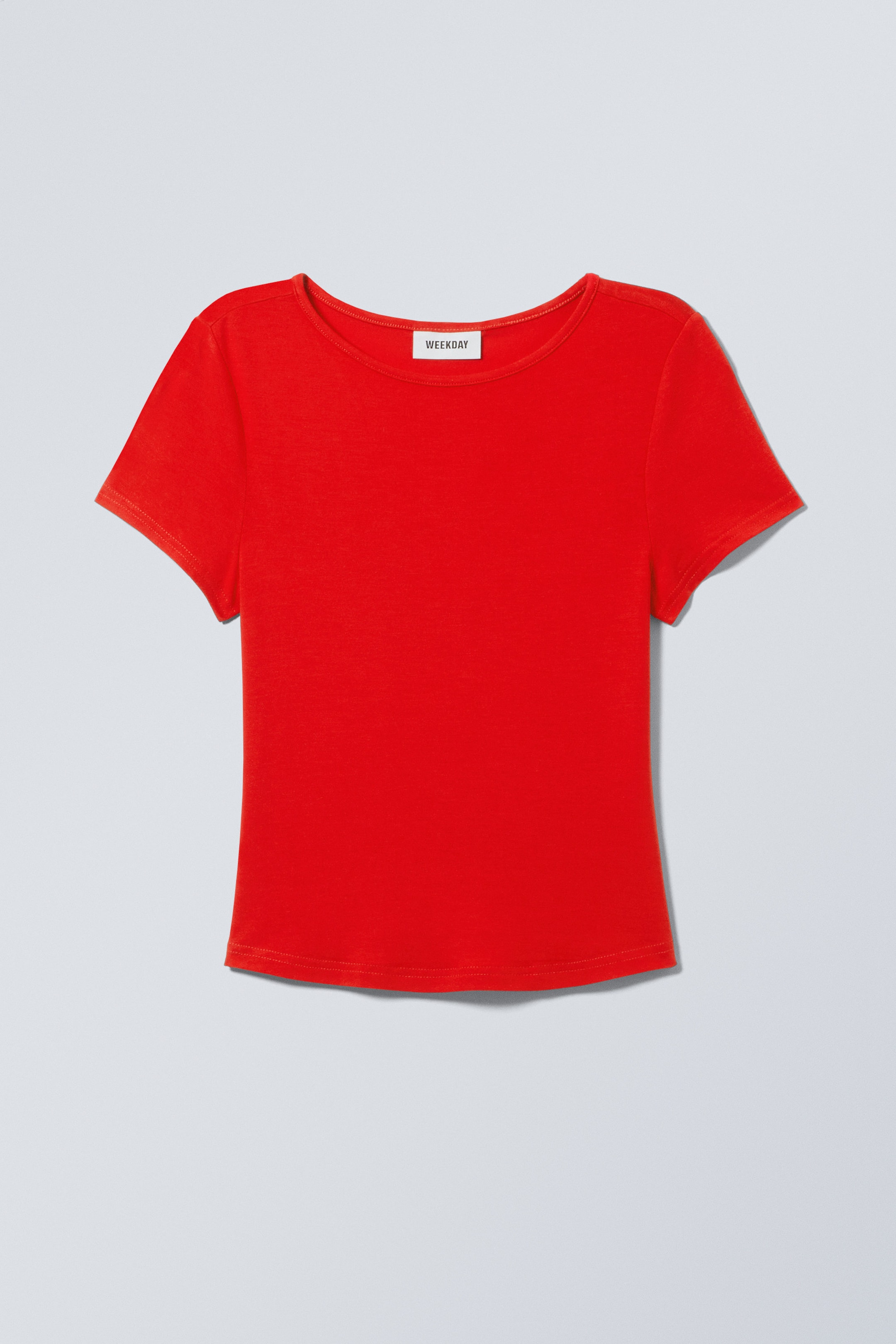 Rot - Körperbetontes Modal-T-Shirt mit rundem Saum - 0