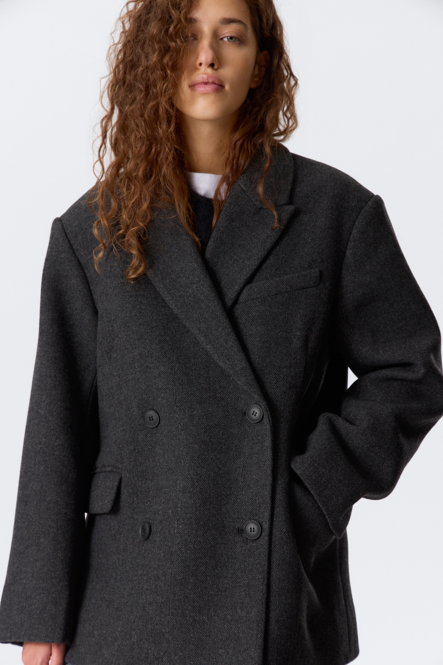 Blazer Oversized de Mistura de Lã com Dupla Abotoadura - Cinzento Escuro - Espinha de Peixe - 7