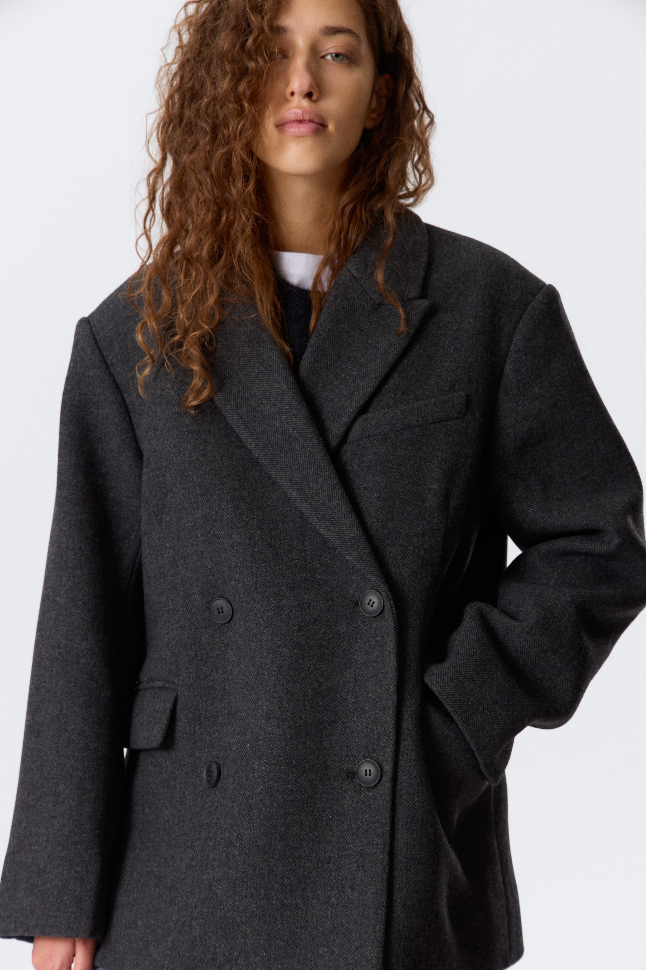 Dark Grey - Herringbone - Oversized Wool-Blend Double-Breasted Blazer - 2