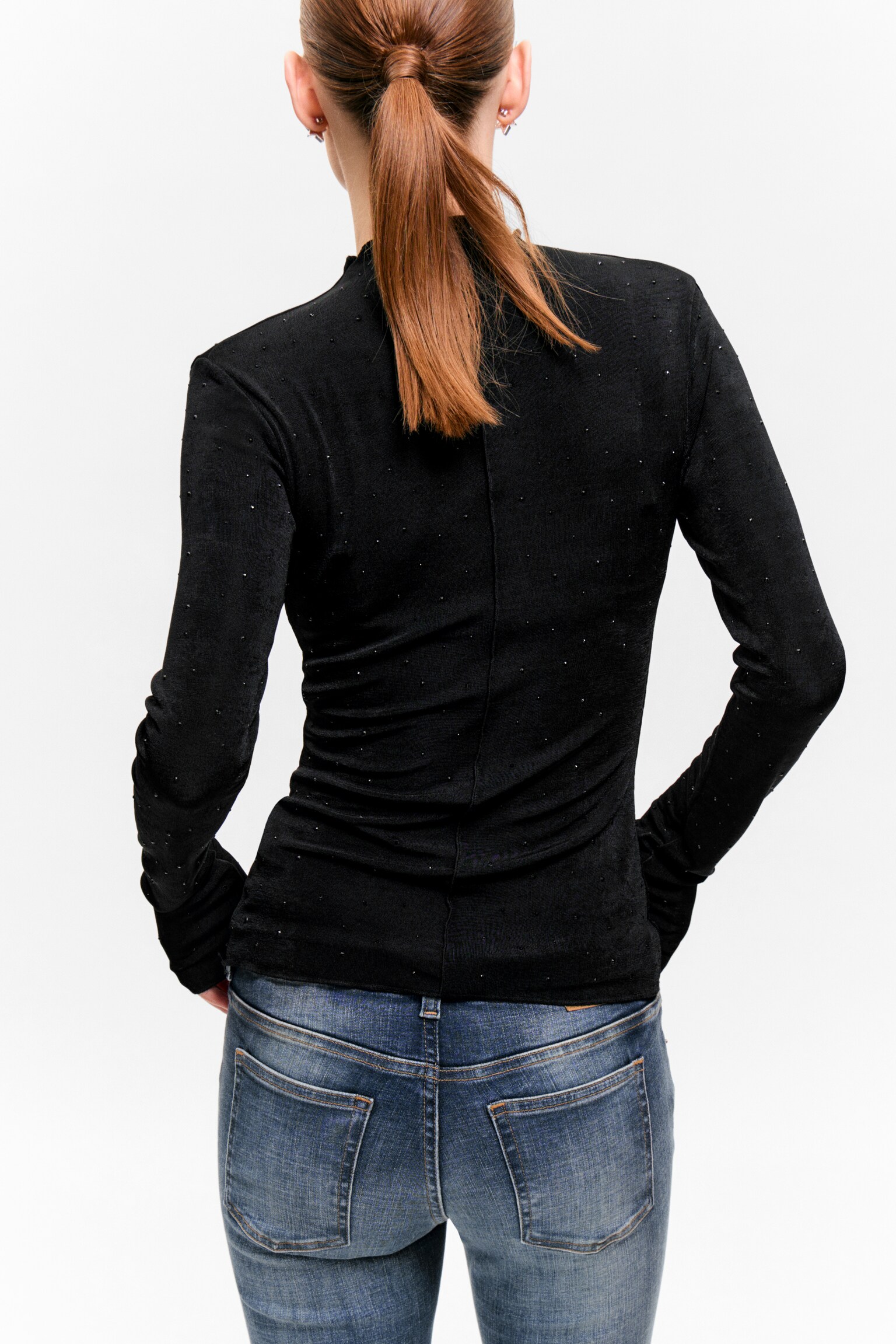 Long-Sleeved Rhinestone Mock-Neck Top - Black - Rhinestones - 4