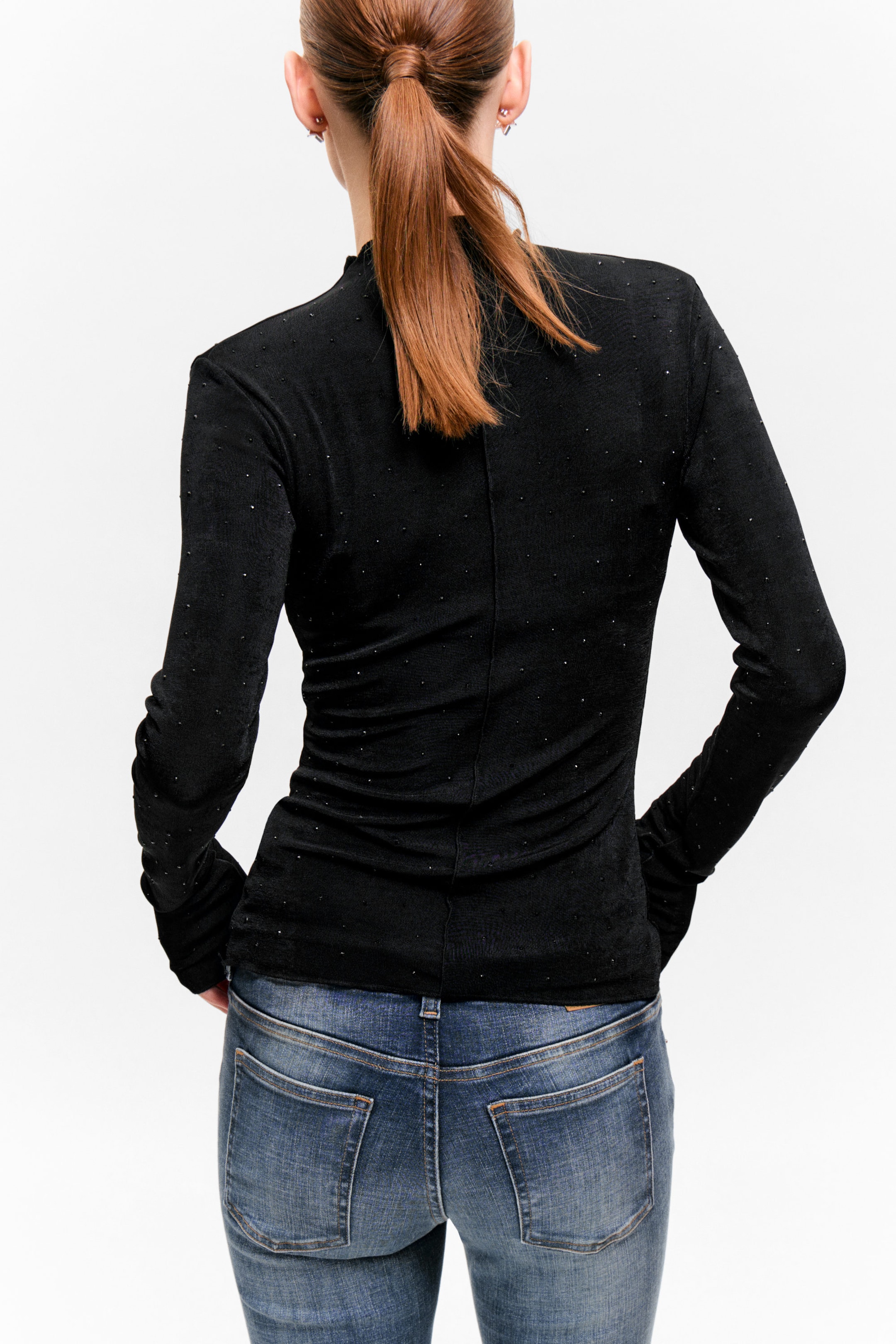 Black - Rhinestones - Long-Sleeved Rhinestone Mock-Neck Top - 2