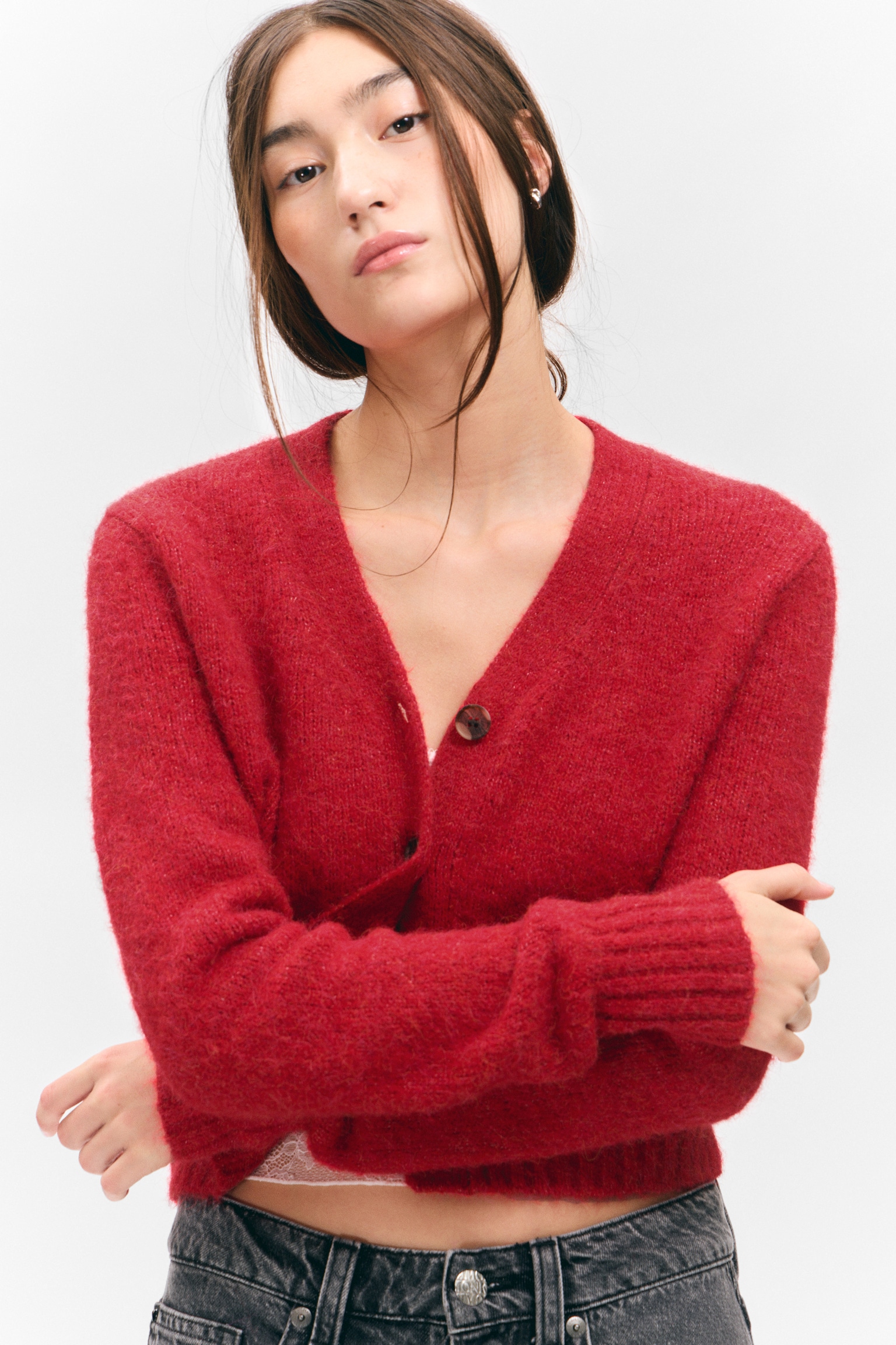 Rippstrick-Cardigan mit V-Ausschnitt - Leuchtendes Rot/Staubiges Maulwurfsgrau/Helles Altrosa/Schwarz