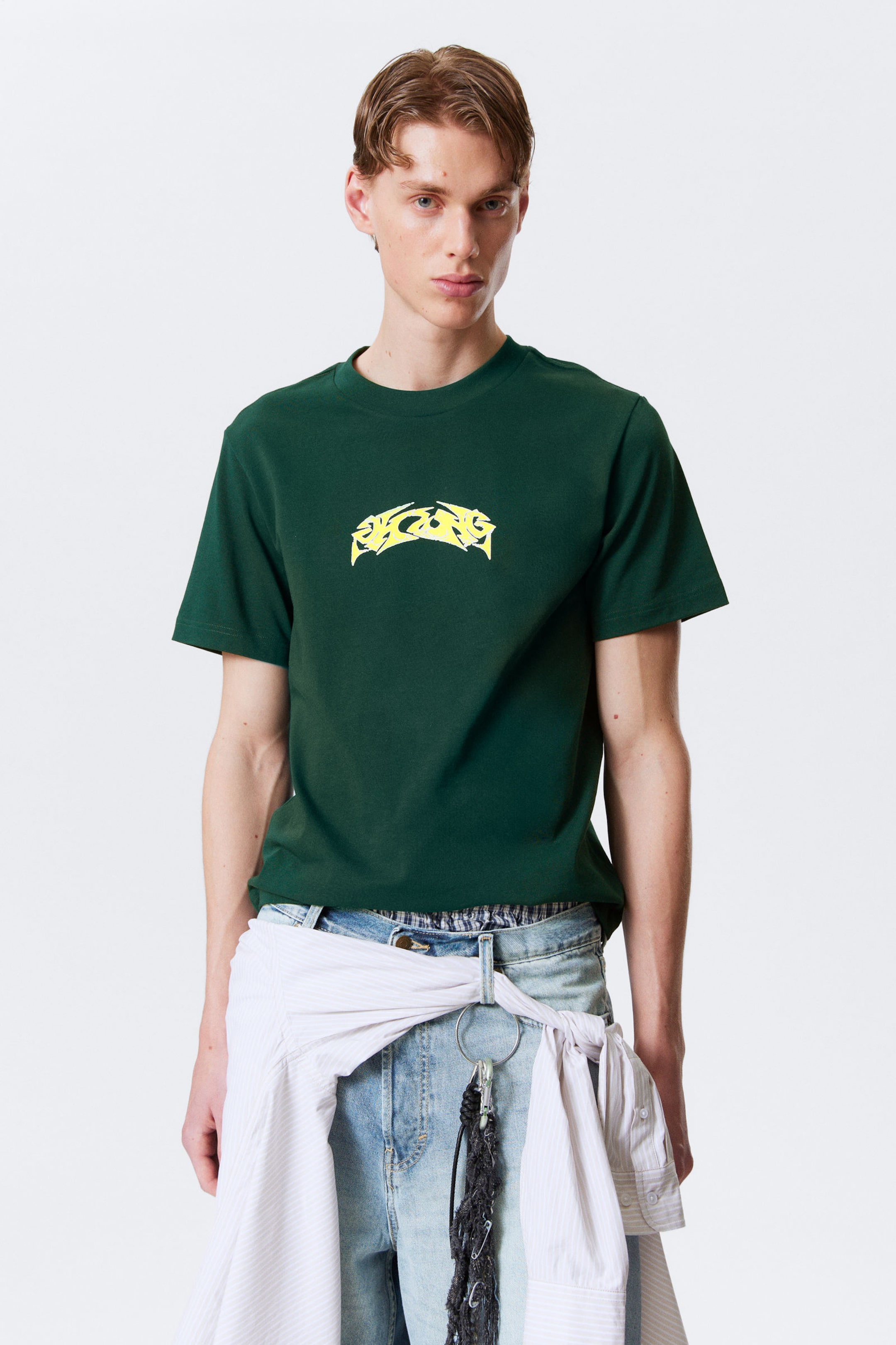 Dark Green - Bingo - Boxy Graphic Printed T-Shirt - 1