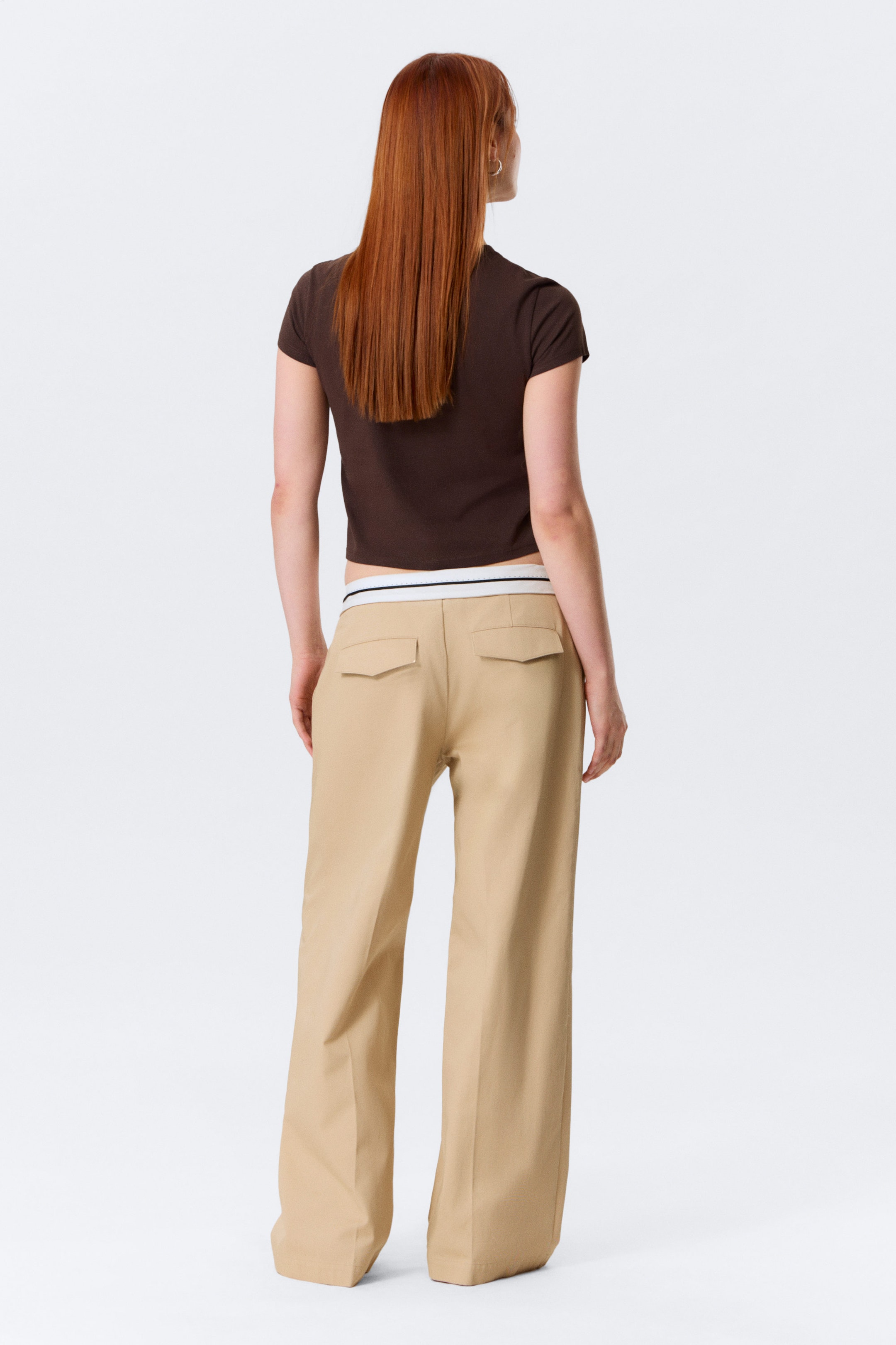 Beige - Low Rise Folded Waist Twill Trousers - 2